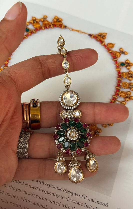 Emerald & ruby floral maangtika