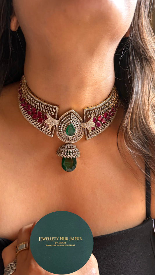 Emerald & Rani pink with cz diamond cocktail Necklace