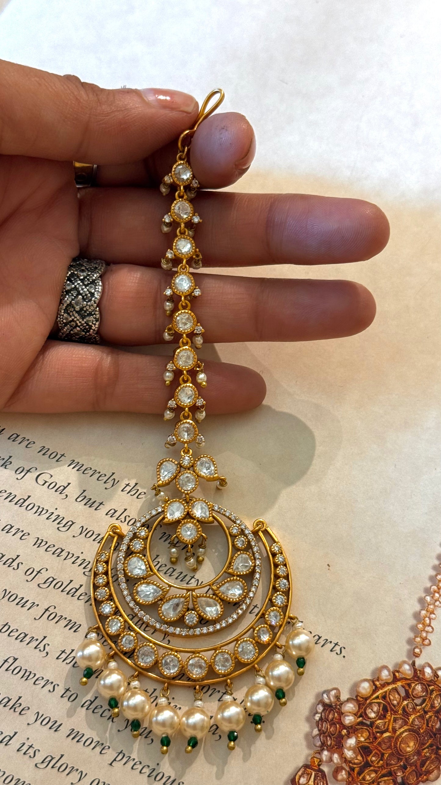 Polki chandbali maangtika with pearl detailing