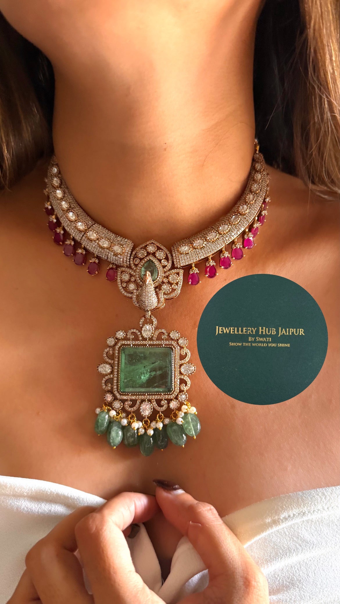 Mint doublet moissanite peacock with rani pink drops set