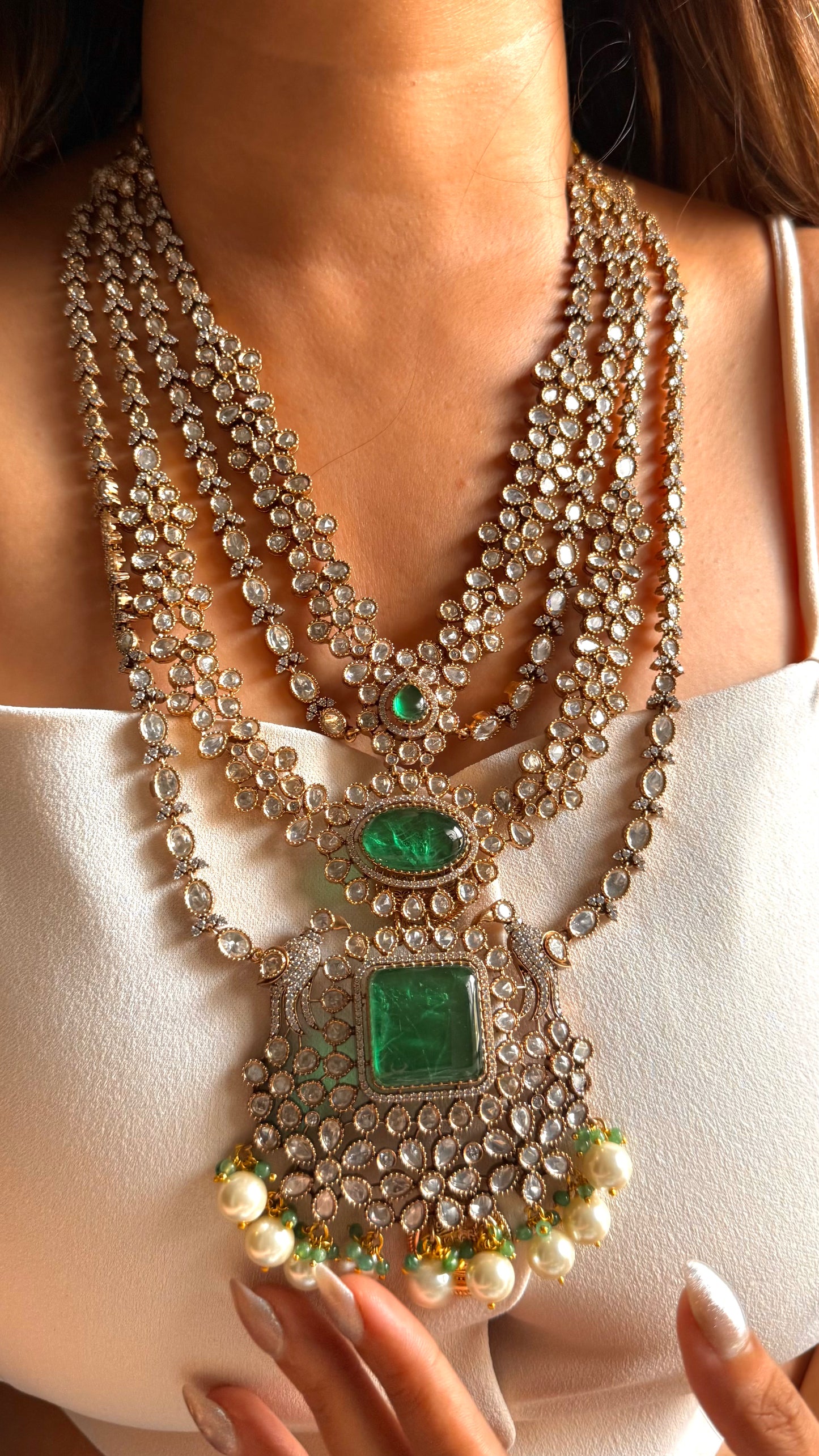 Leela Emerald doublet moissanite floral layered long maharani set