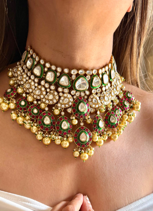 Emerald meenakari & ruby moissanite polki choker