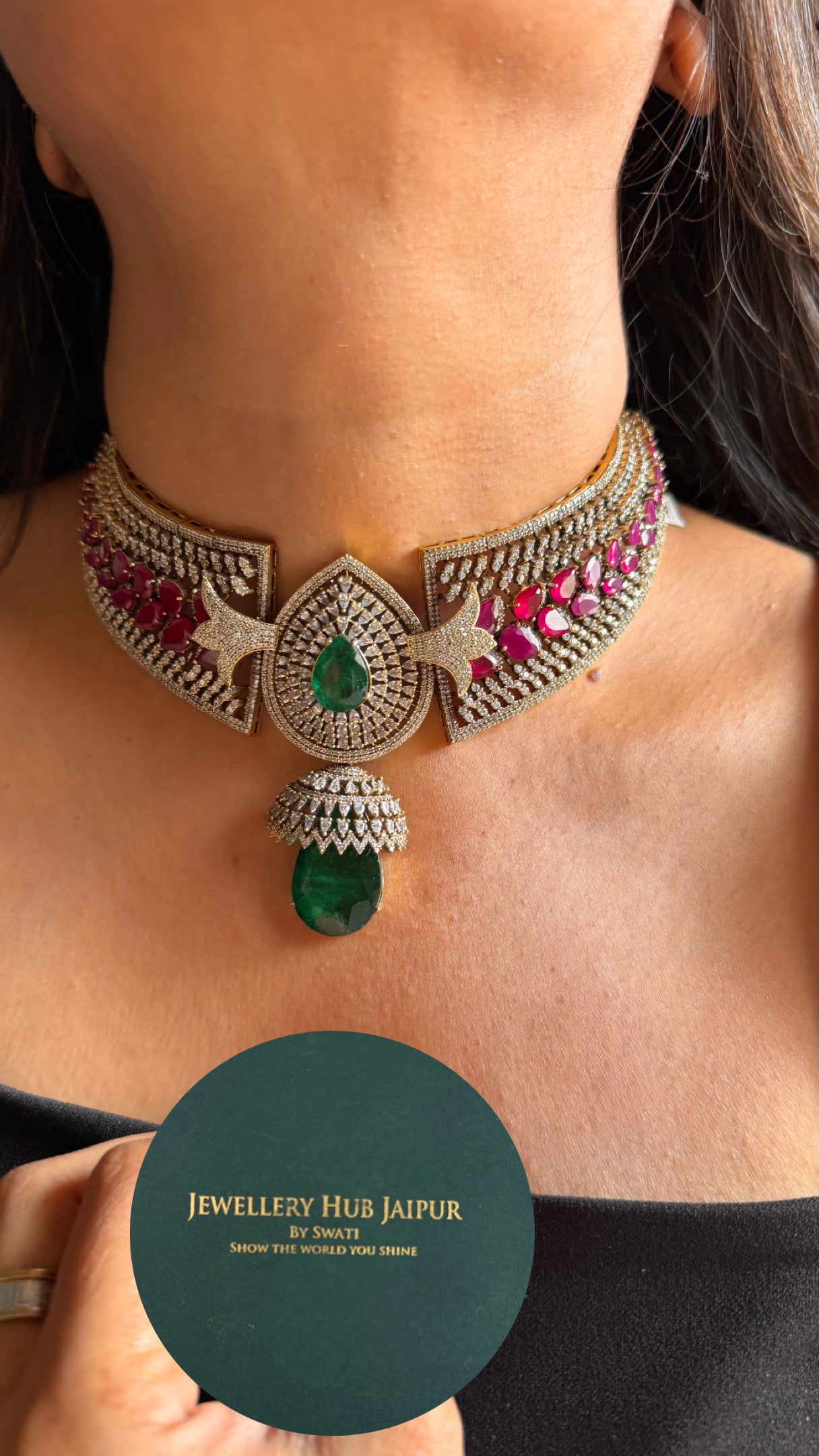 Emerald & Rani pink with cz diamond cocktail Necklace