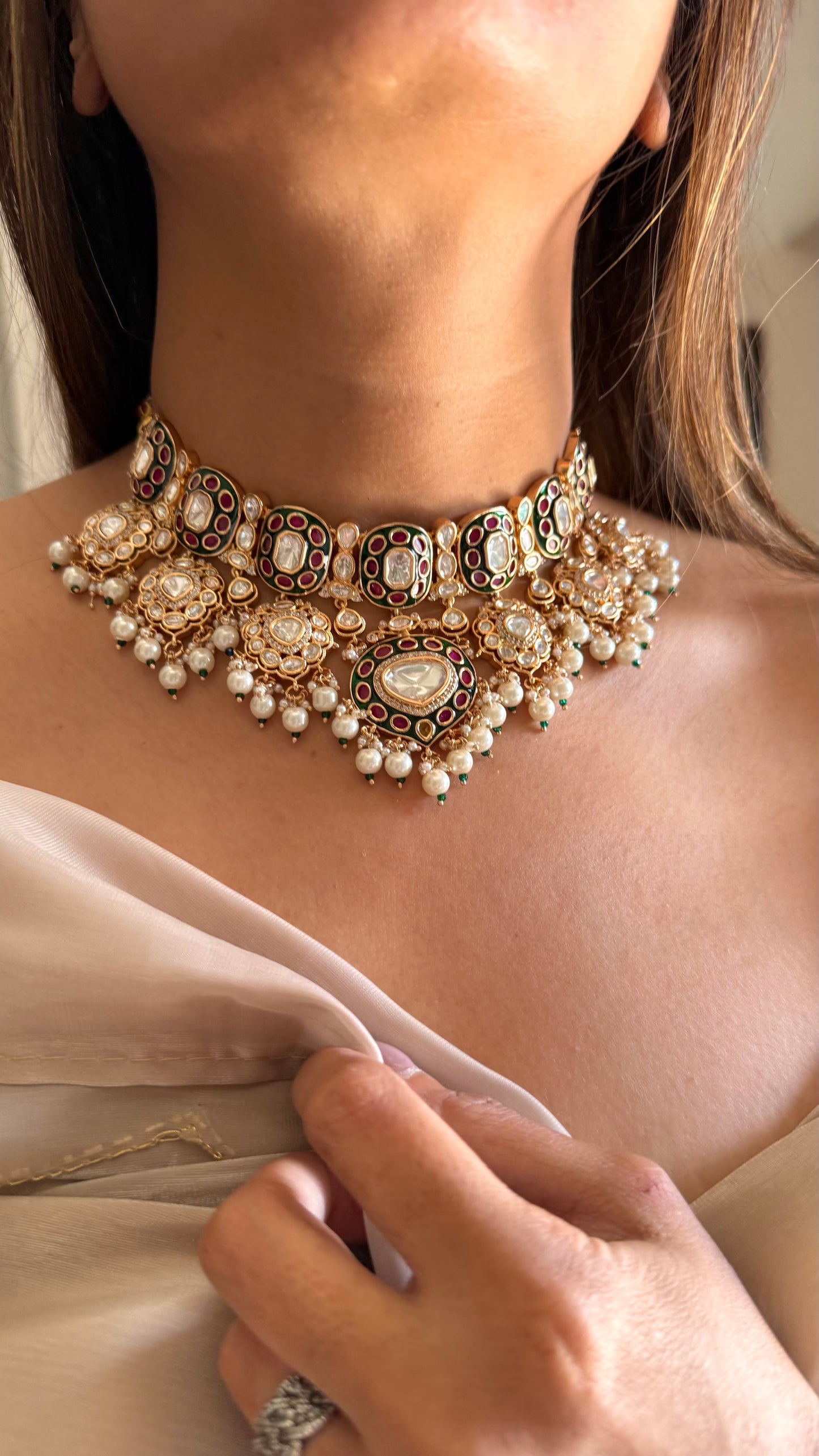 Megh Ruby & emerald moissanite polki choker necklace set with earrings