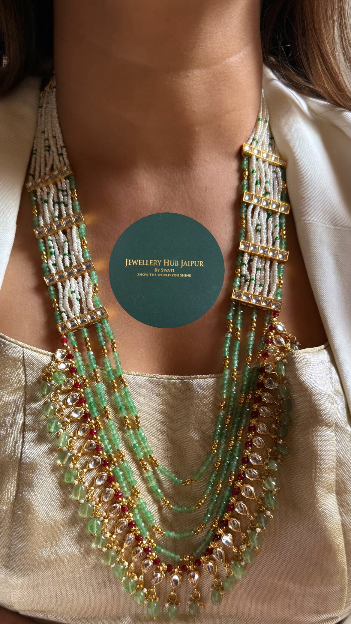 Rani pink & mint strings with mint drop rajwada long set