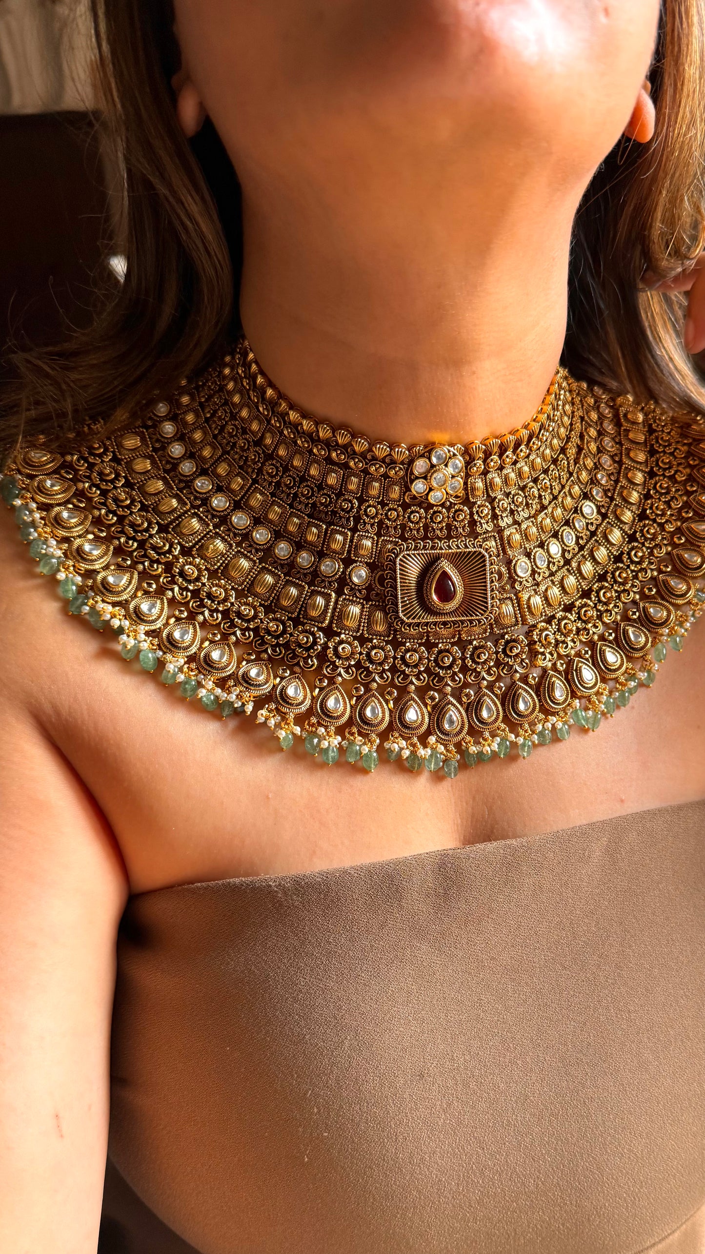 Gold Choker Necklace Mint Green Pearl Detailing