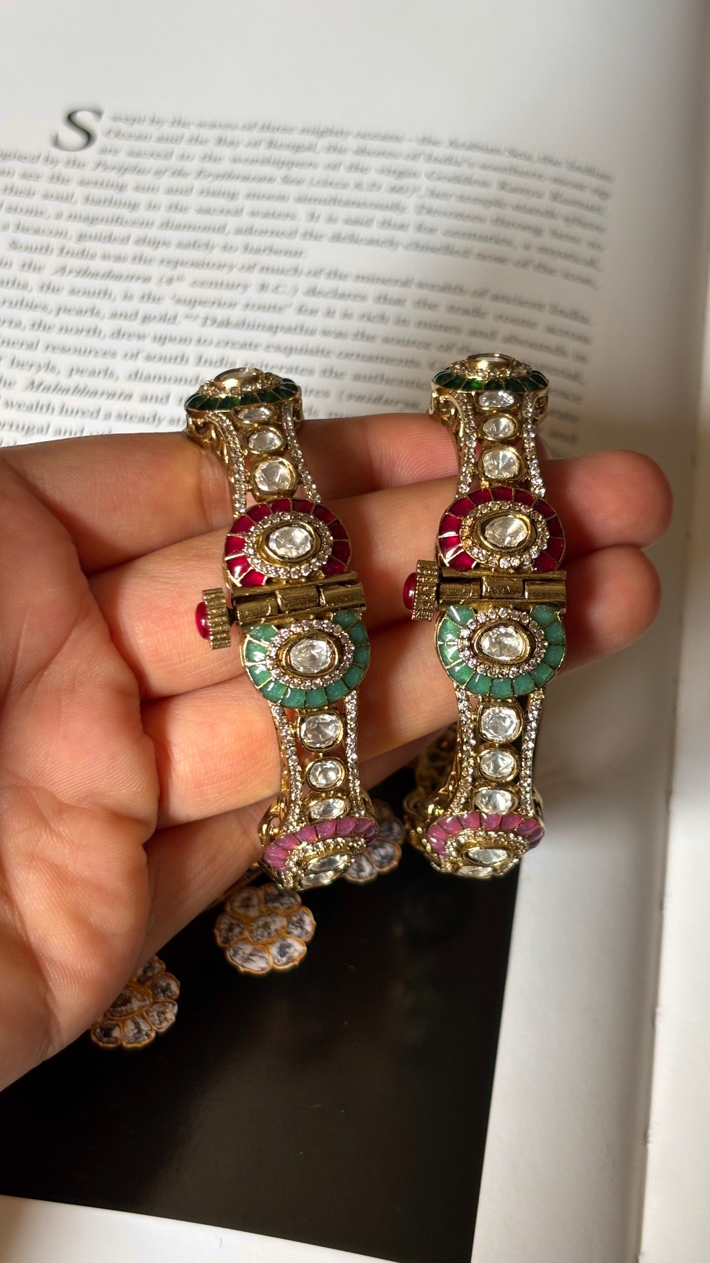 Multicoloured katdana with moissanite polki openable bangles