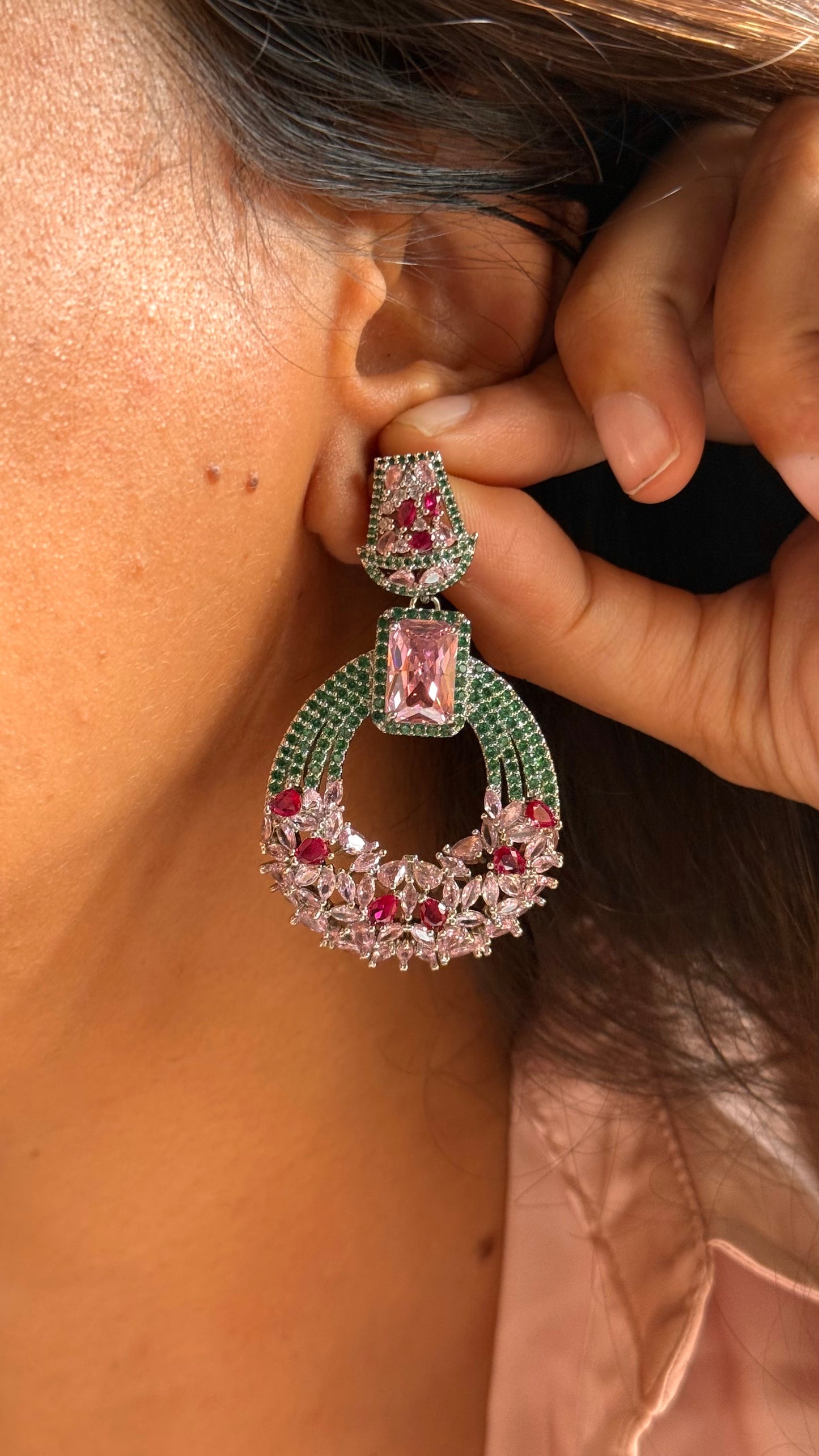 Pink and Green Zircon Statement earrings