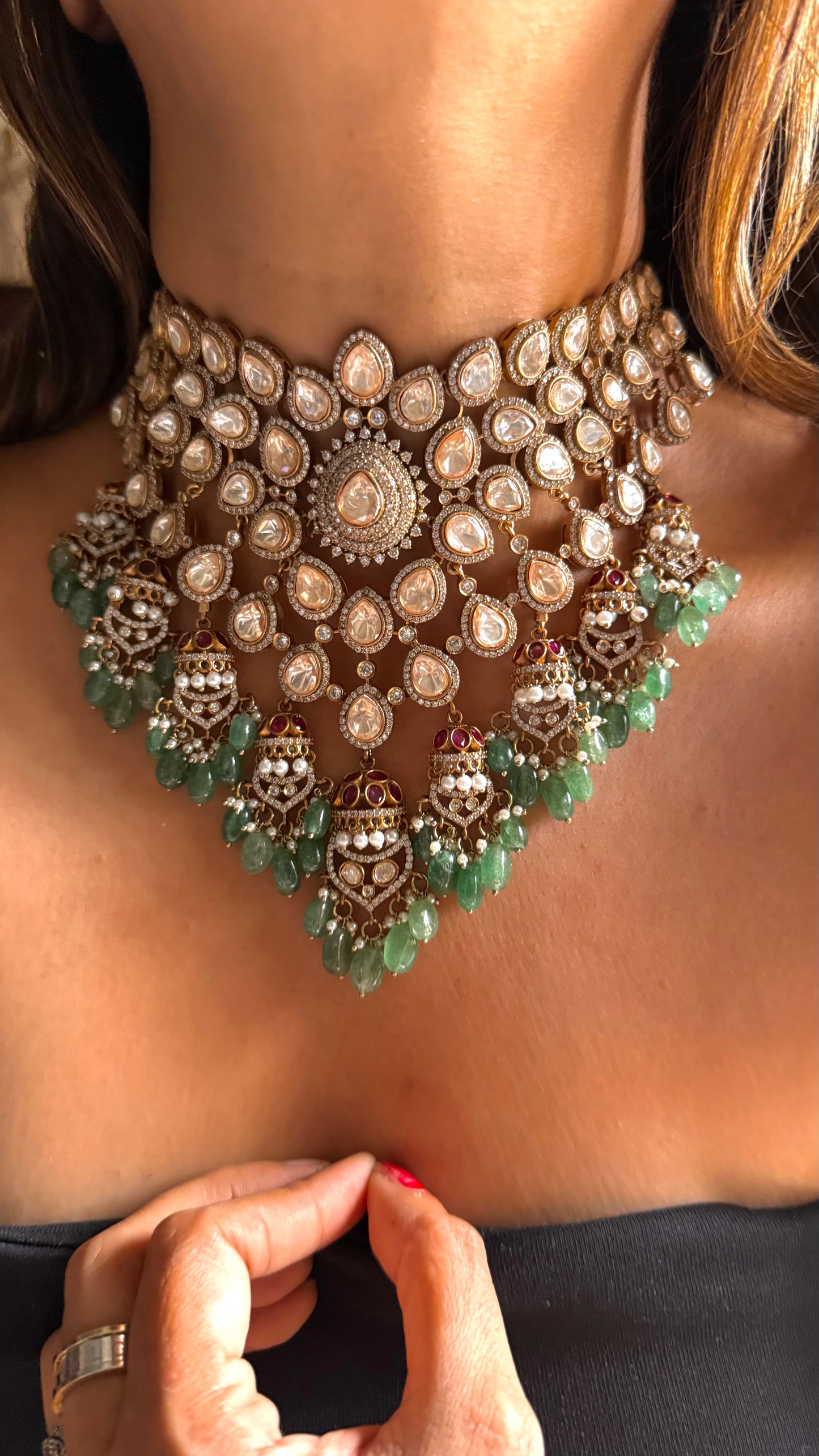 Bridal Asia LV Polki mint drop designer necklace