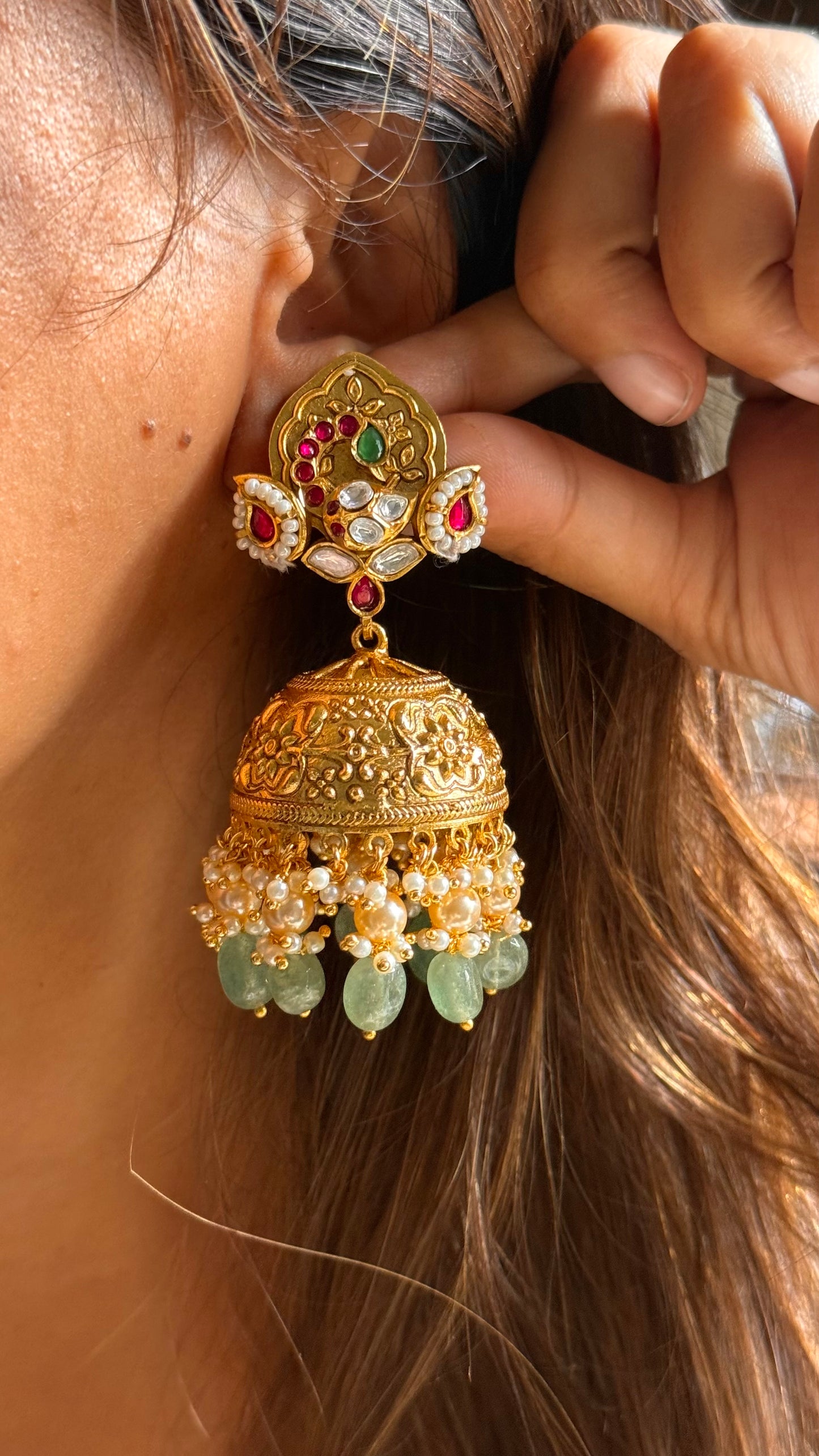 Rani pink & emerald golden heritage jhumka