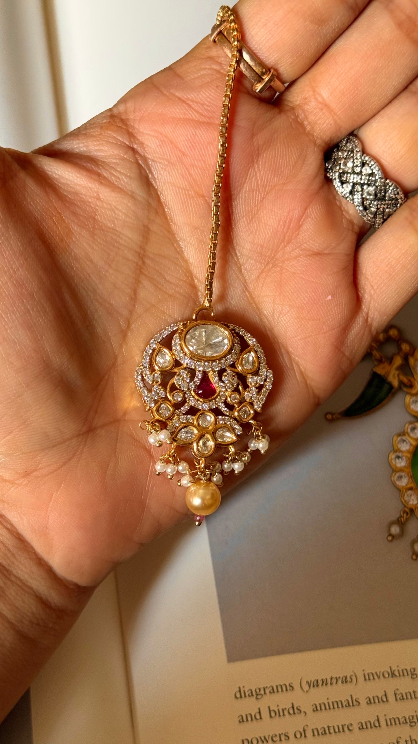 Moissanite polki mangtika with pearl and ruby detailing