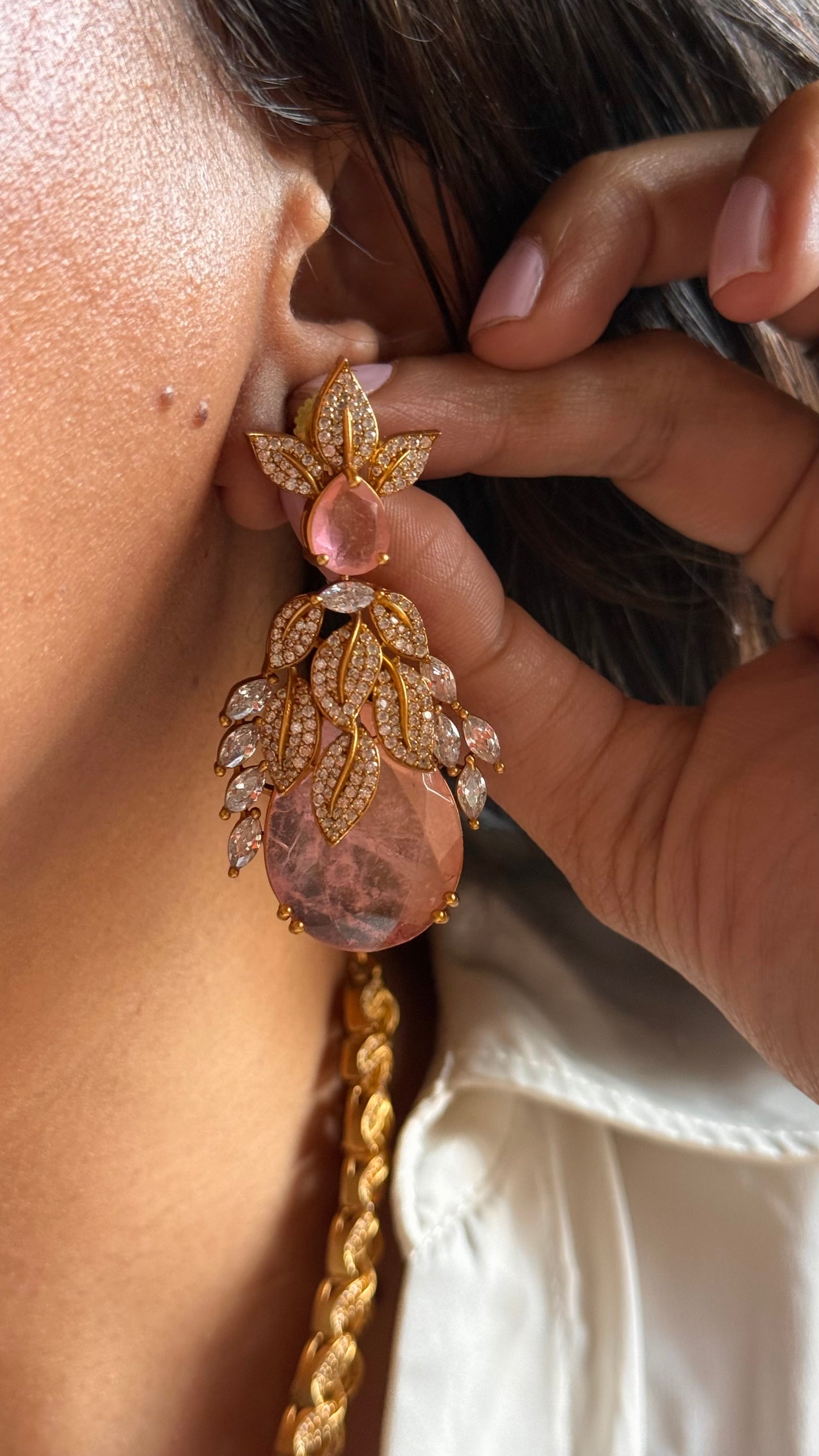 Leaf inspired rose quartz doublet designer Necklace