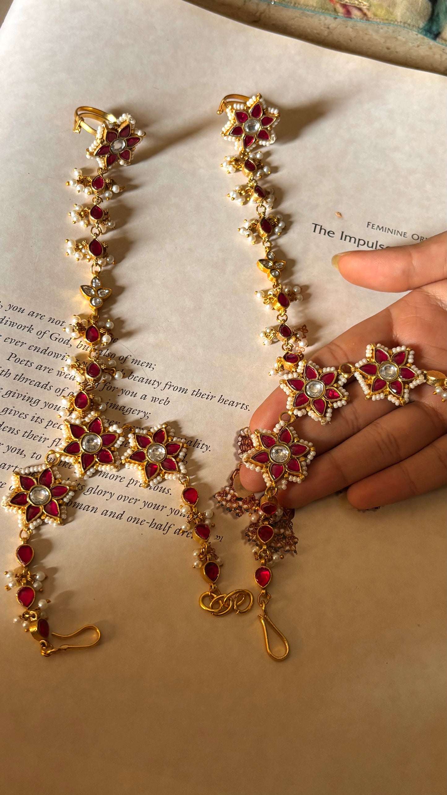 Ruby with floral paachi Kundan Hathphool