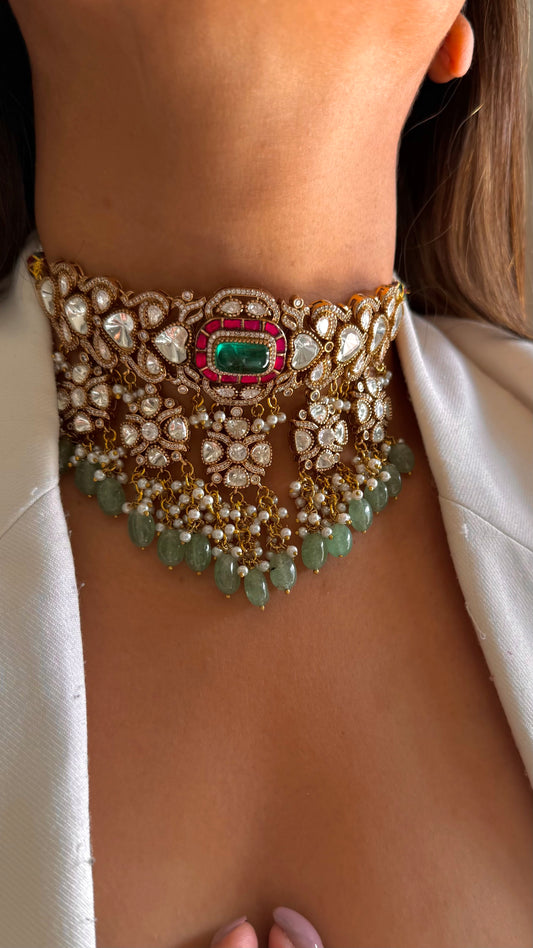 Tahira Emerald and ruby moissanite choker
