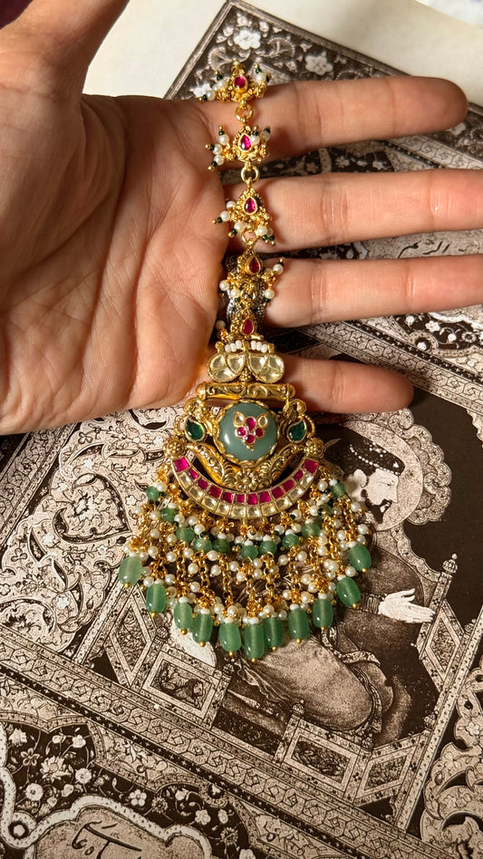 Mint inlay work & rani pink floral with mint drop maangtika