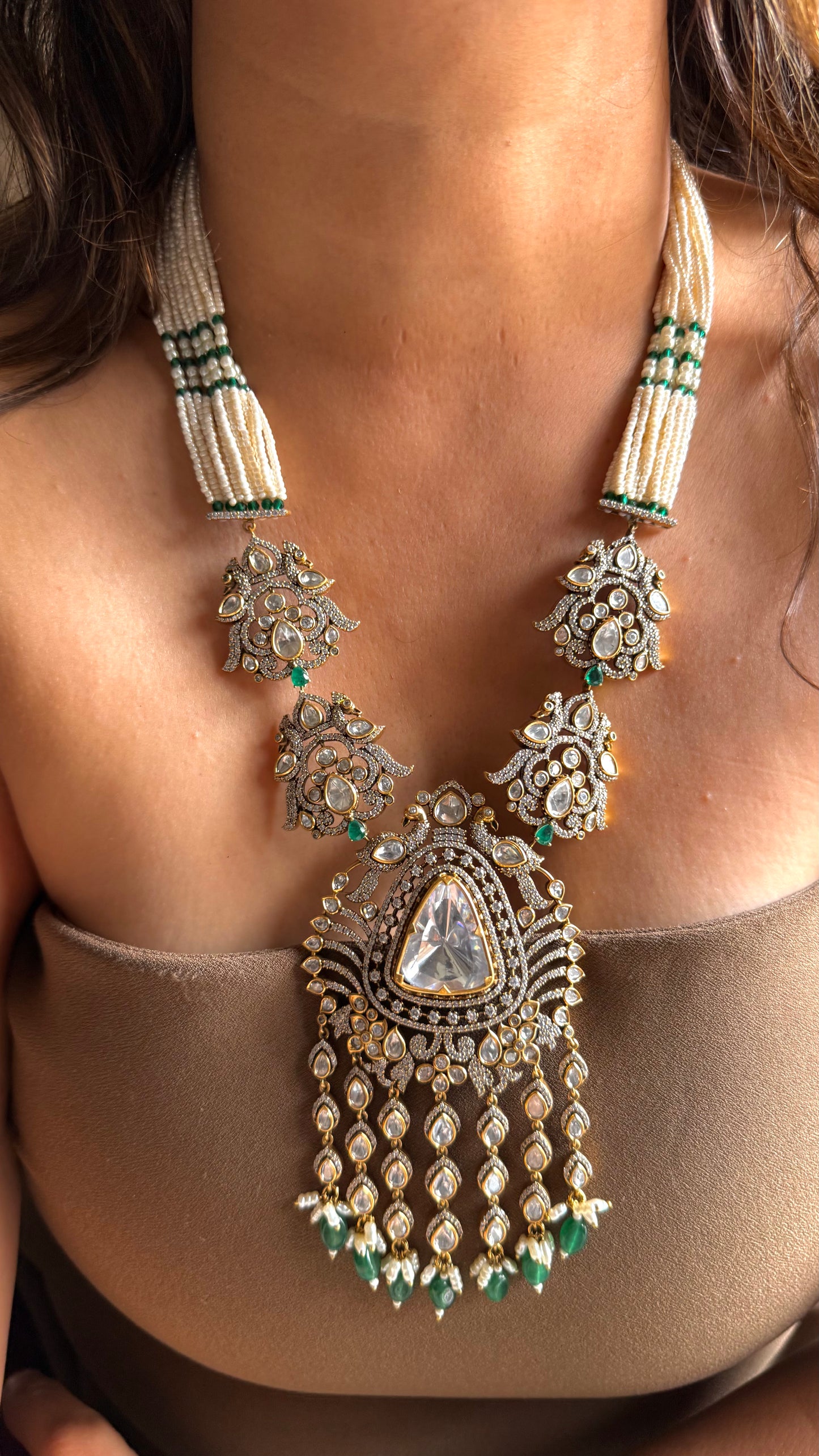 Emerald long uncut polki necklace & choker combo