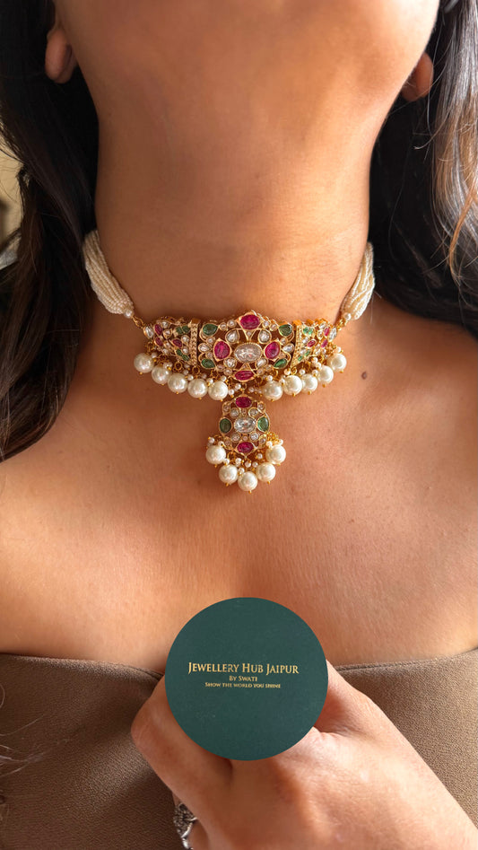 Paachi Kundan Rani pink ruby & mint with pearl detailing choker necklace