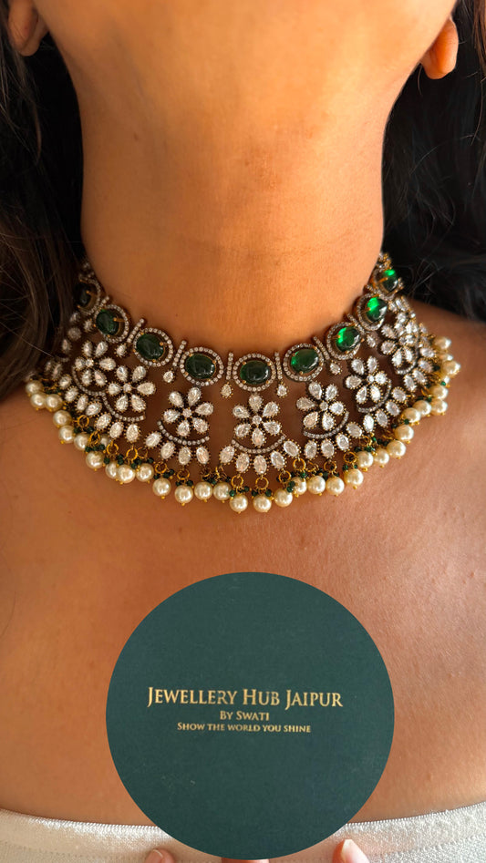 Emerald floral Victorian moissanite necklace set