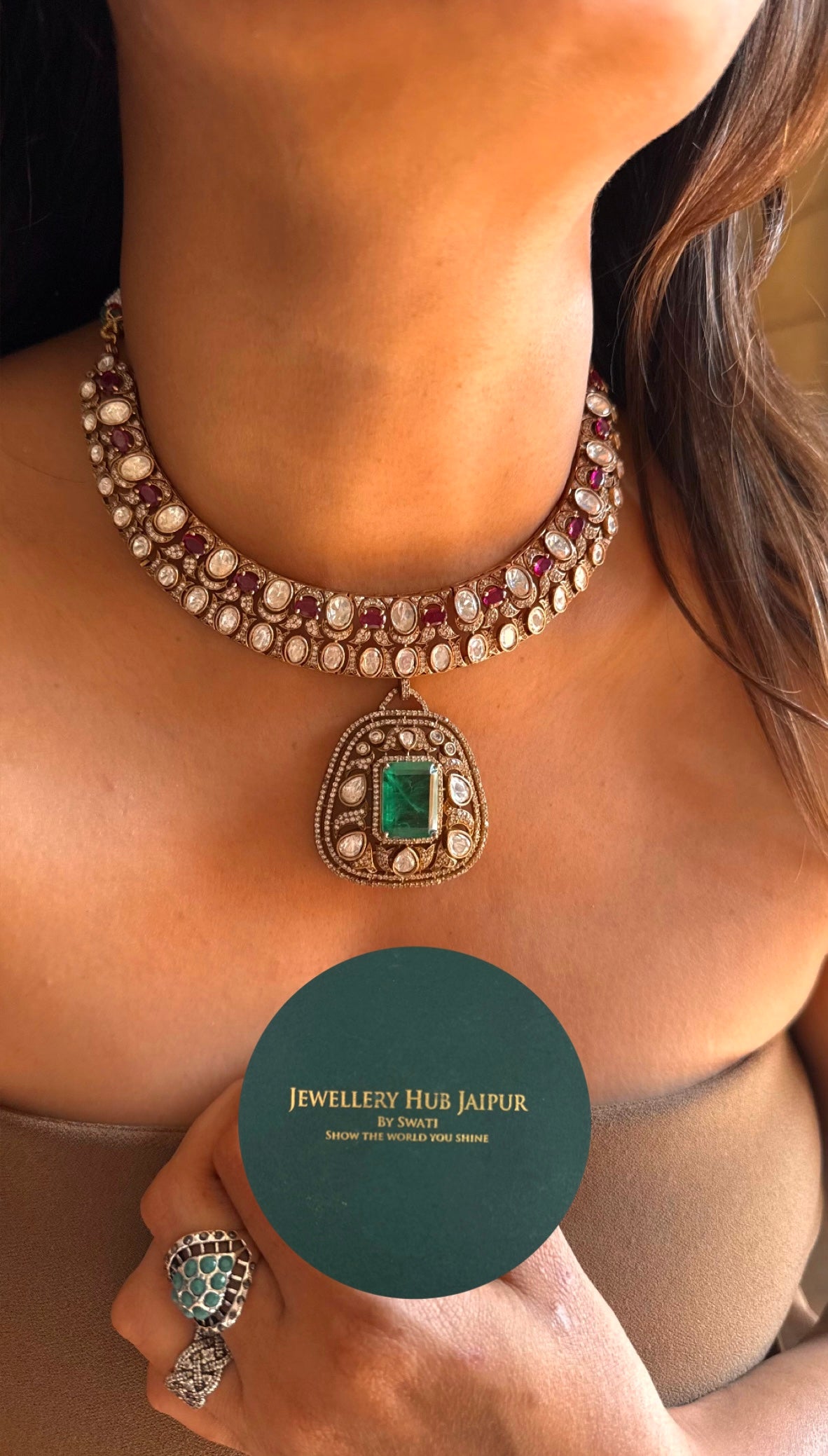 Emerald with Rani pink ruby Collar Necklace