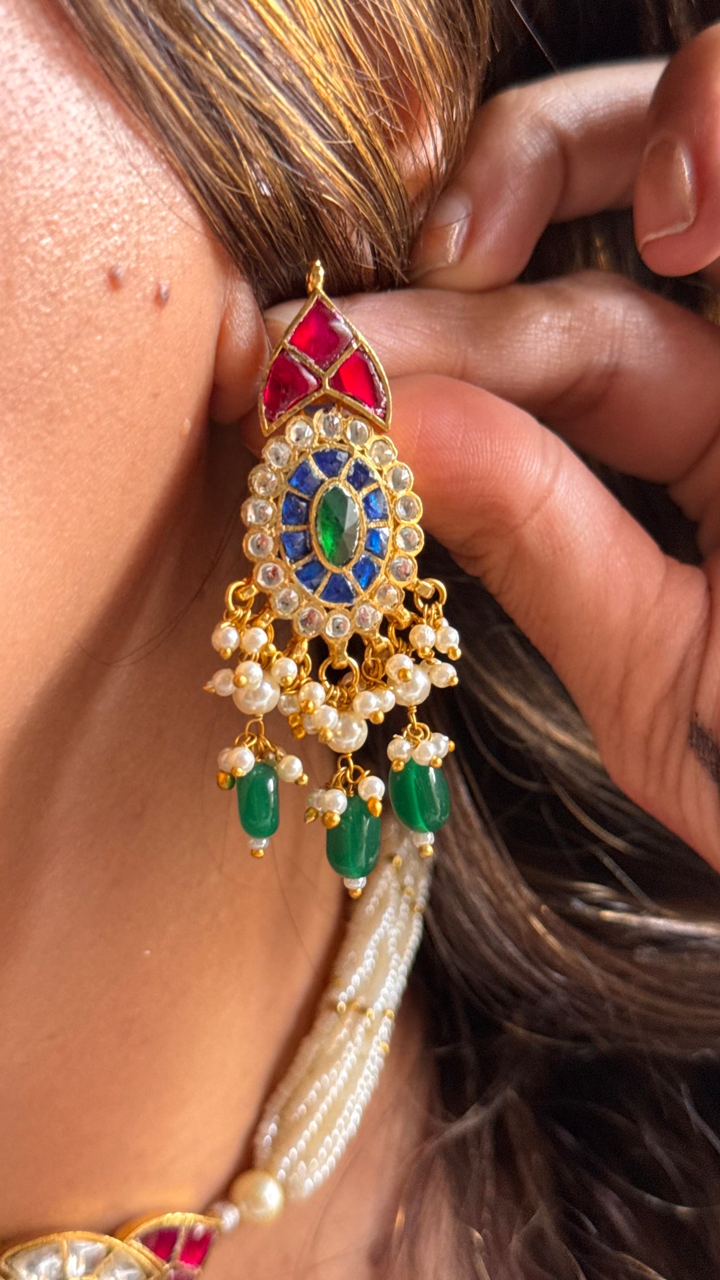 Handmade Paachi Kundan jadau multicoloured thread choker necklace set