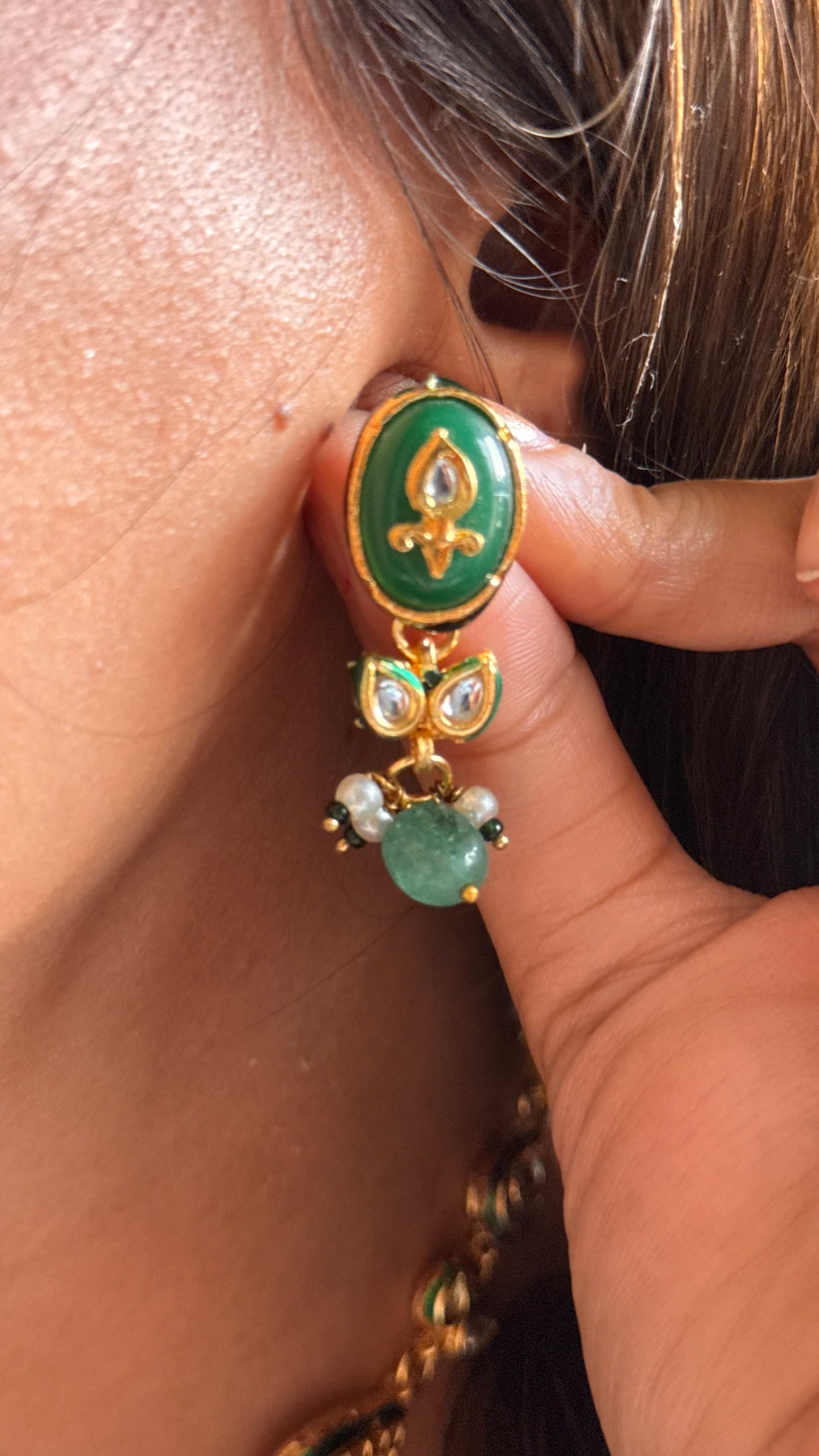 Emerald inlay with ruby meenakari & mint drops minimalist Necklace