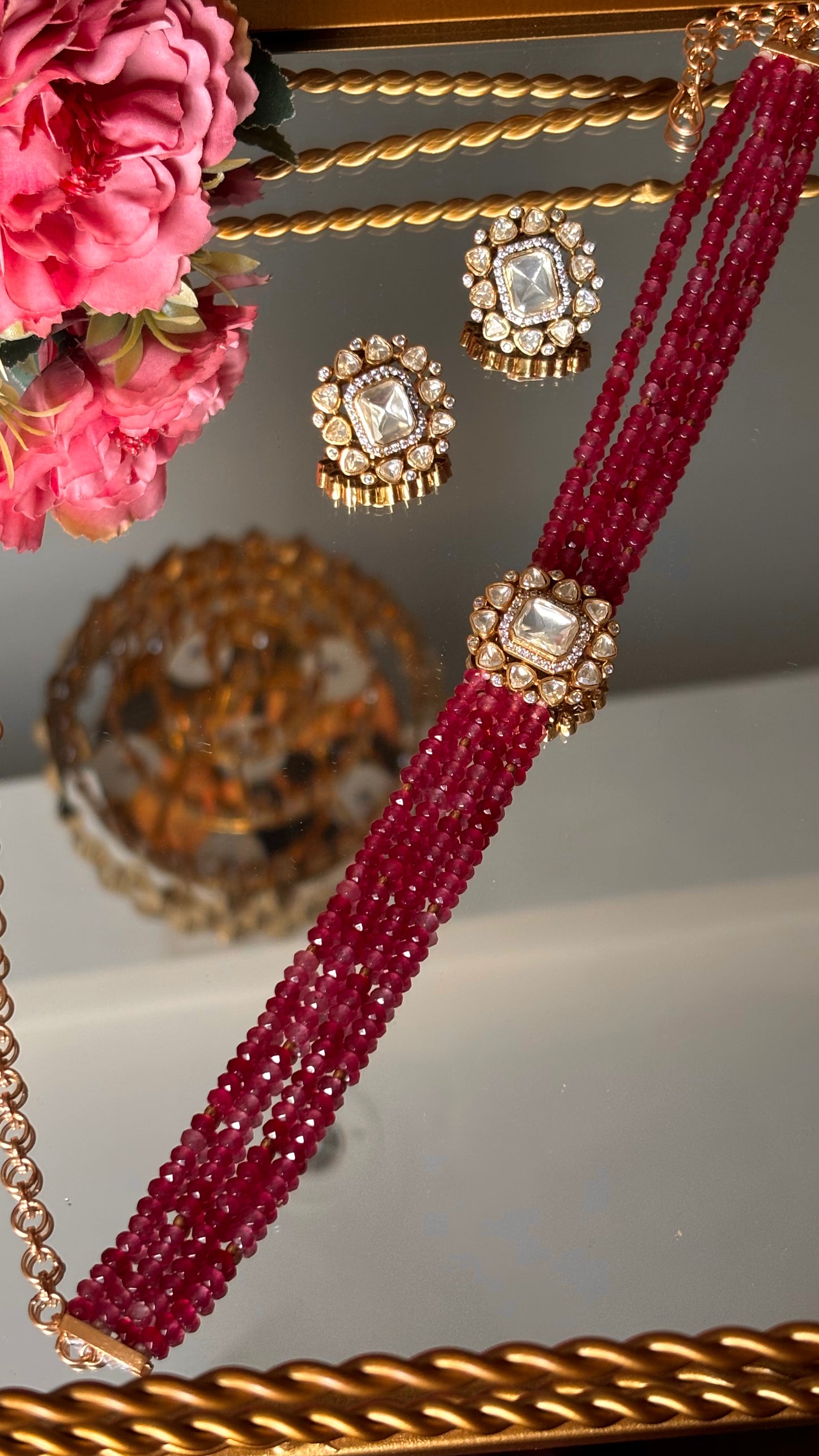 Lv peeli polki rani pink ruby pearl choker Necklace
