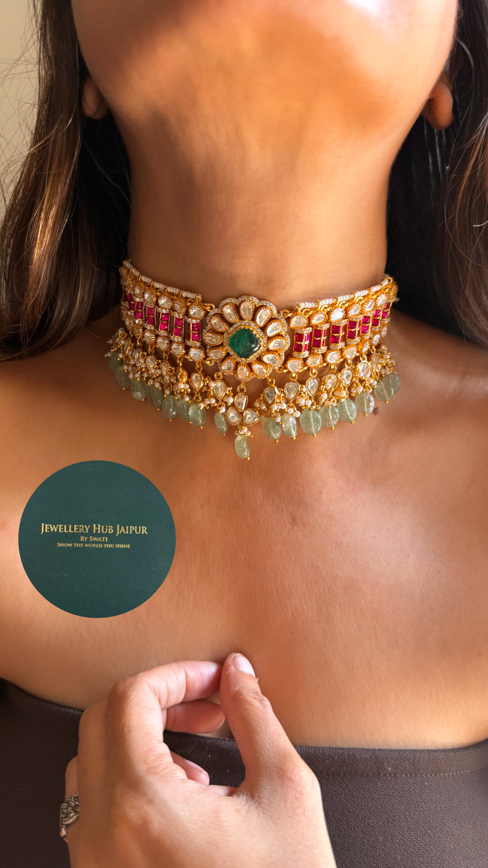 Real Moissanite statement Emerald & Rani pink katdana work choker