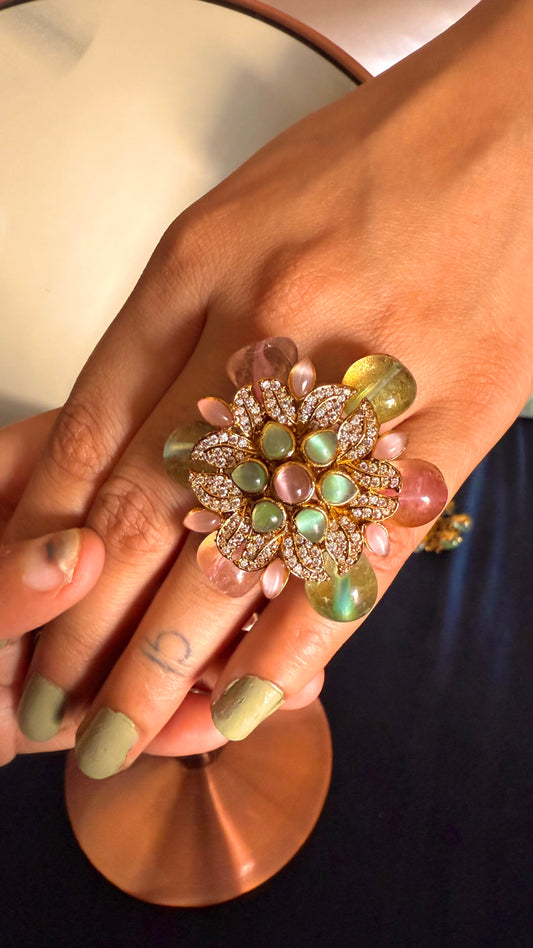 Floral mint & rose quartz doublet adjustable ring