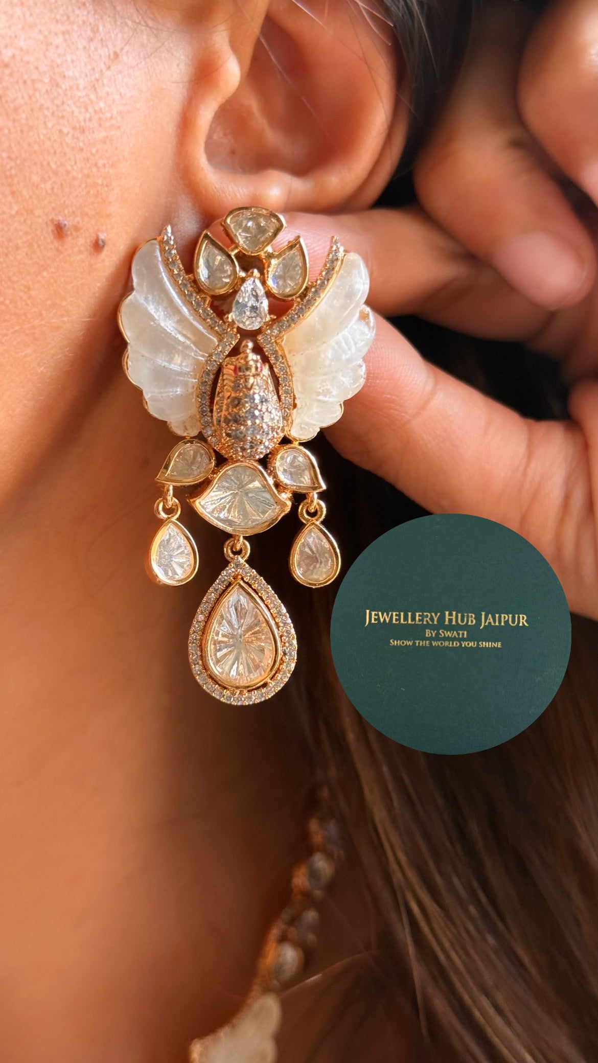 Moissanite peacock shaped design with feather design polki collar set