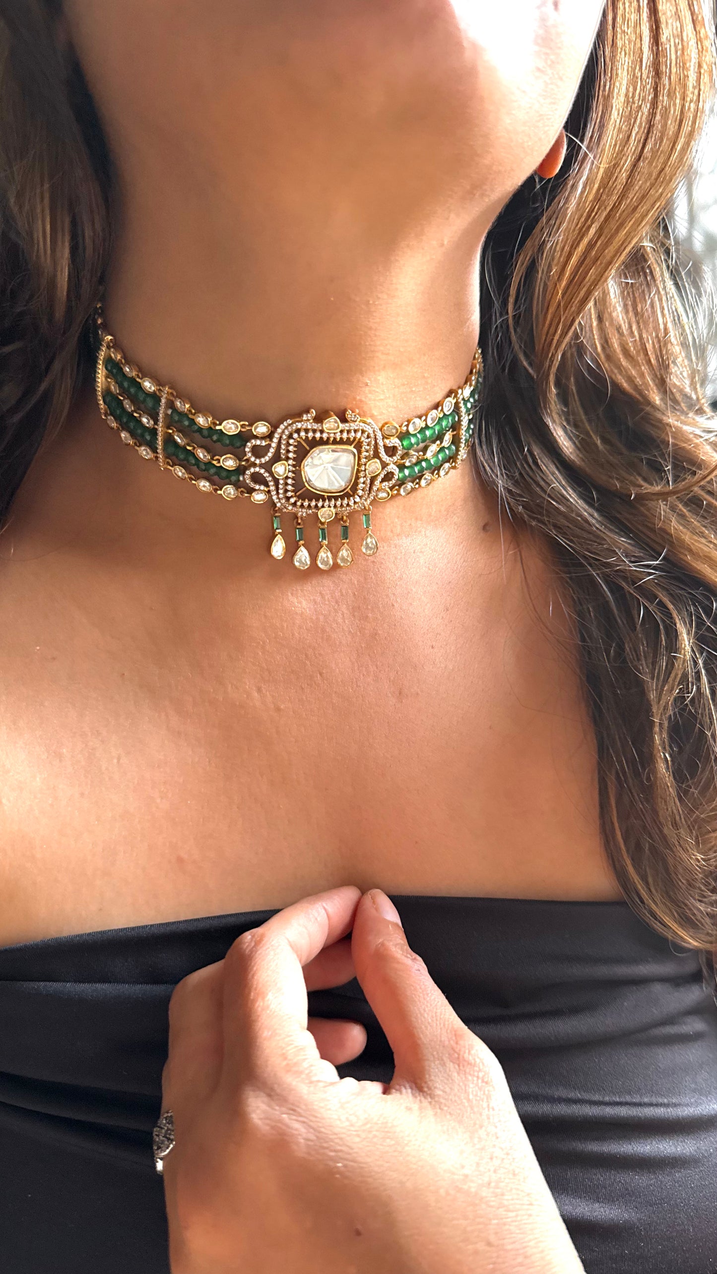 Emerald & Moissanite Uncut LV Polki choker