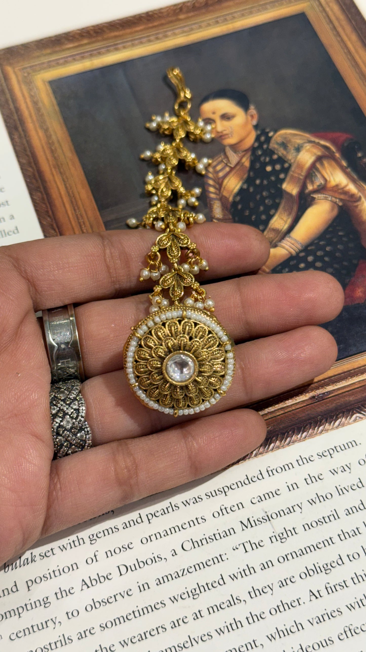Oxidised gold nakshi borla with pearl detailing