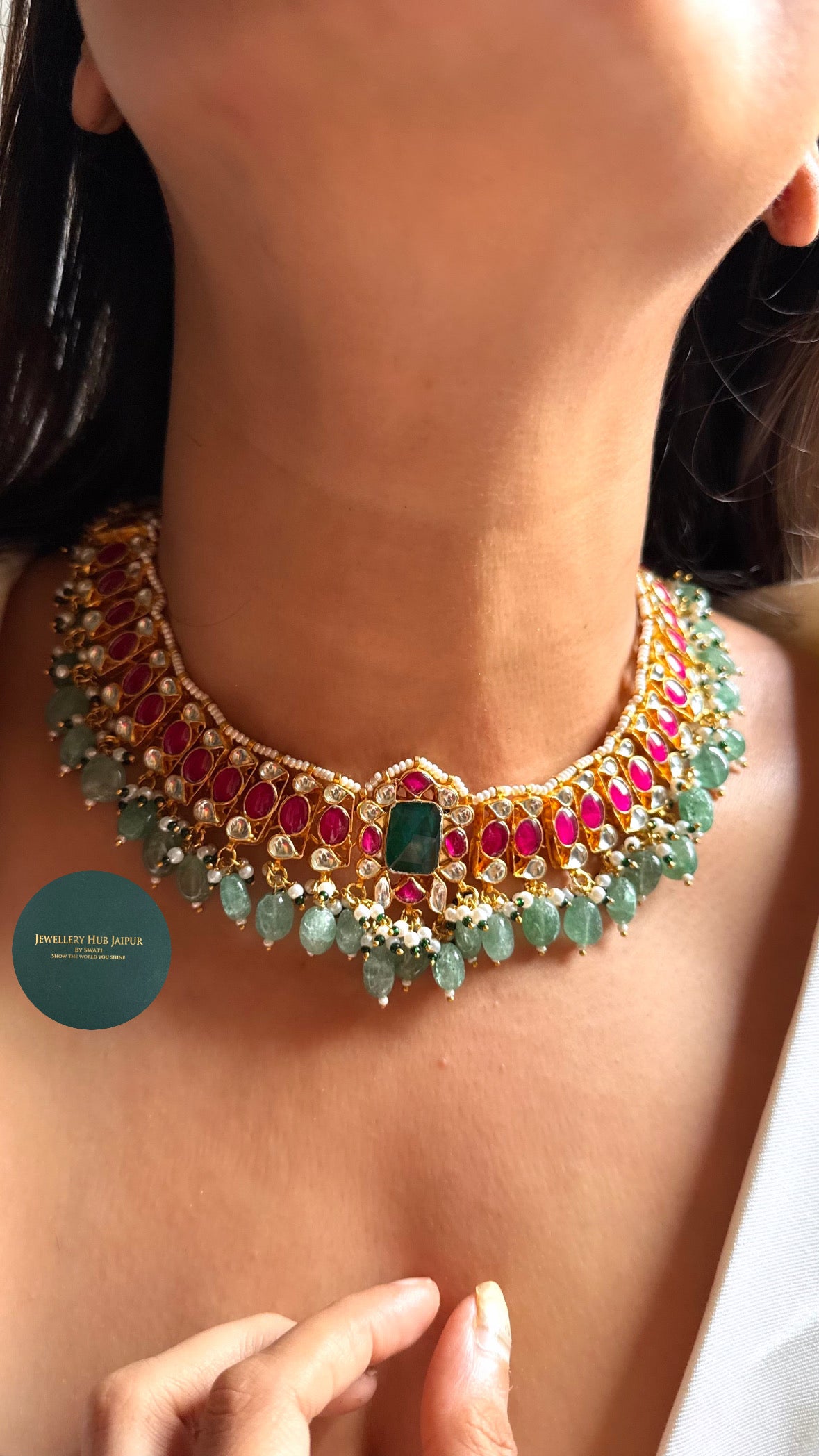 Paachi Kundan Emerald doublet & Rani pink with mint drops collar set