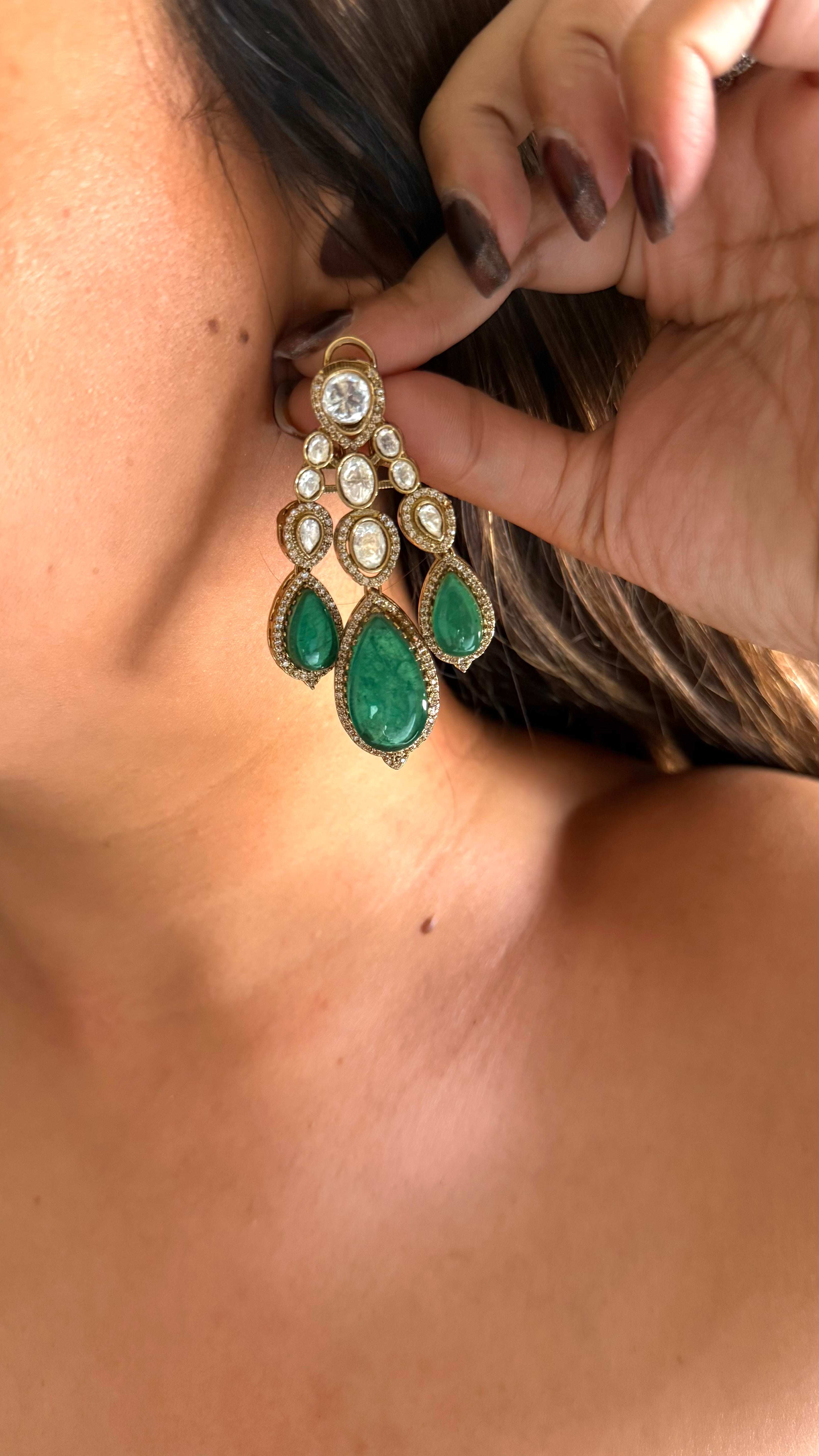 Emerald doublet leaf & moissanite set