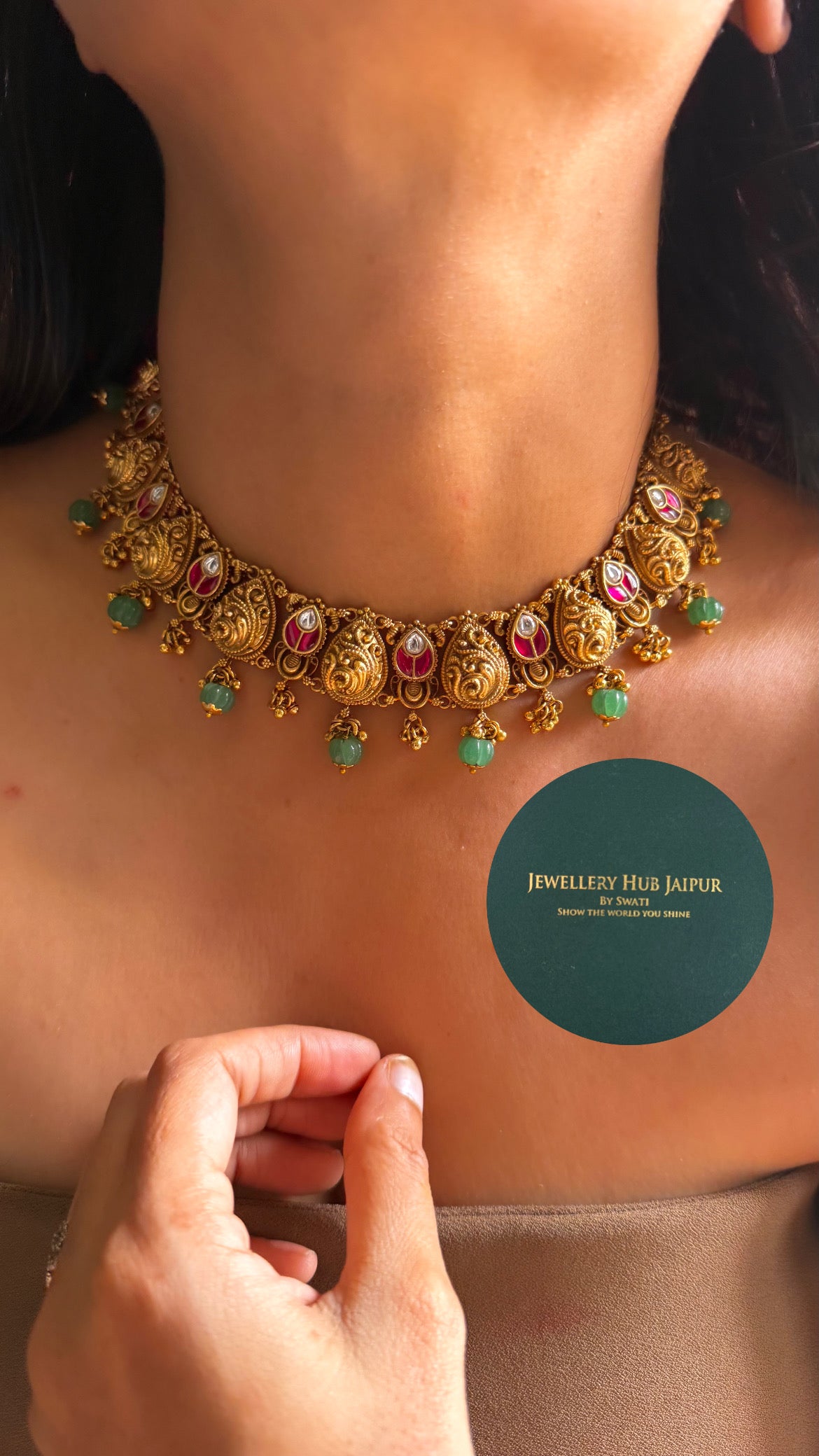 Rani pink katdana leaf & mint drop temple collar set