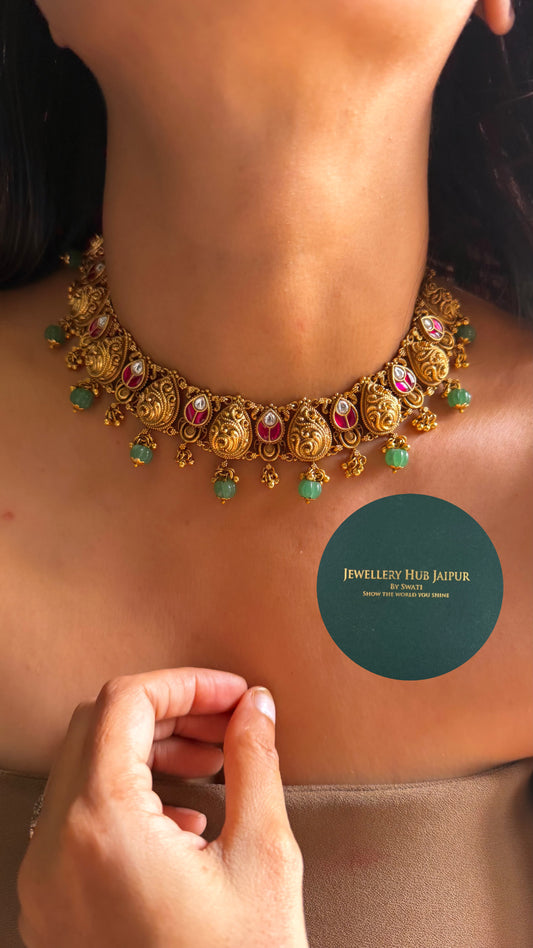 Rani pink katdana leaf & mint drop temple collar set