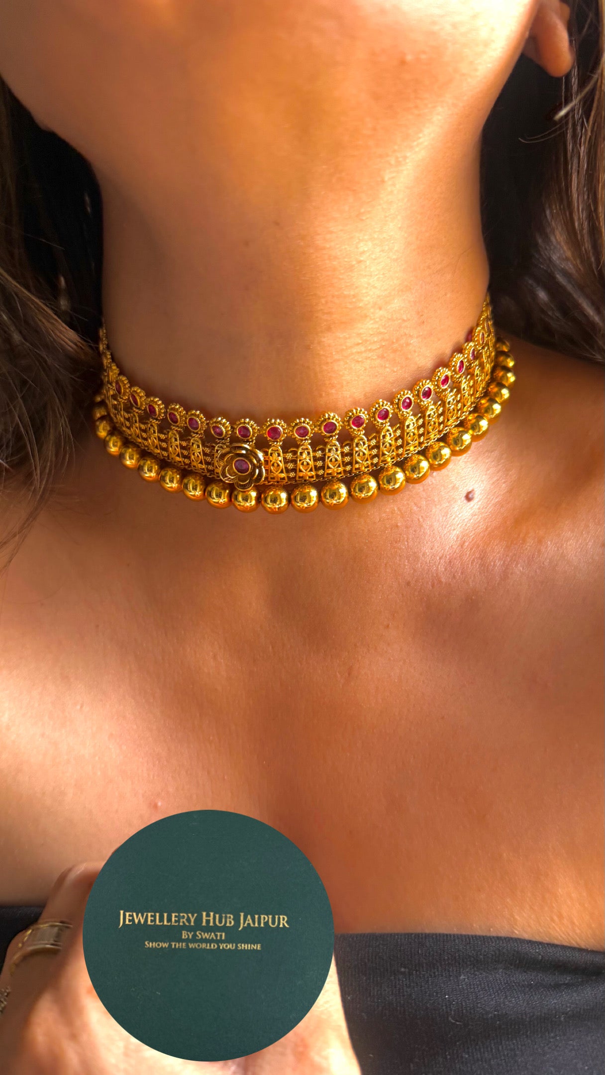 Dull gold ruby choker Necklace