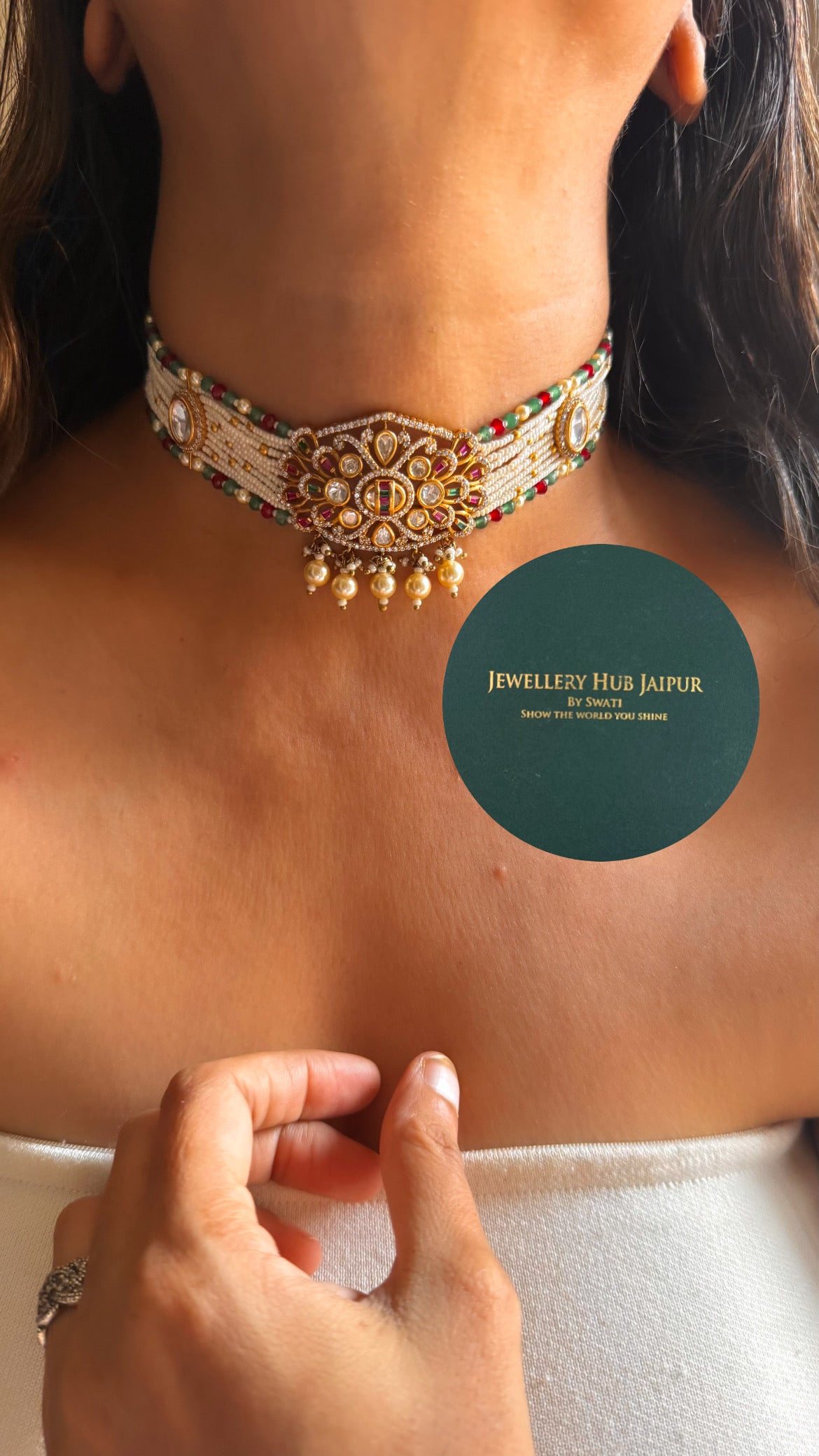Rani pink & emerald moissanite with pearl drop rajwada choker set