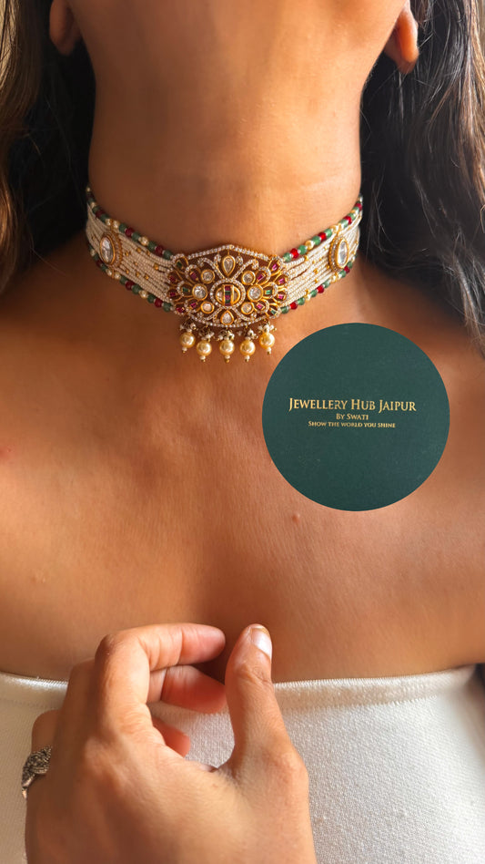 Rani pink & emerald moissanite with pearl drop rajwada choker set