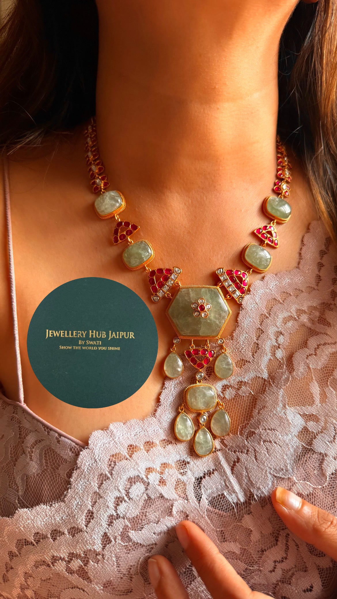 Amrapali inspired Natural stone Mint inlay & rani pink mid length set