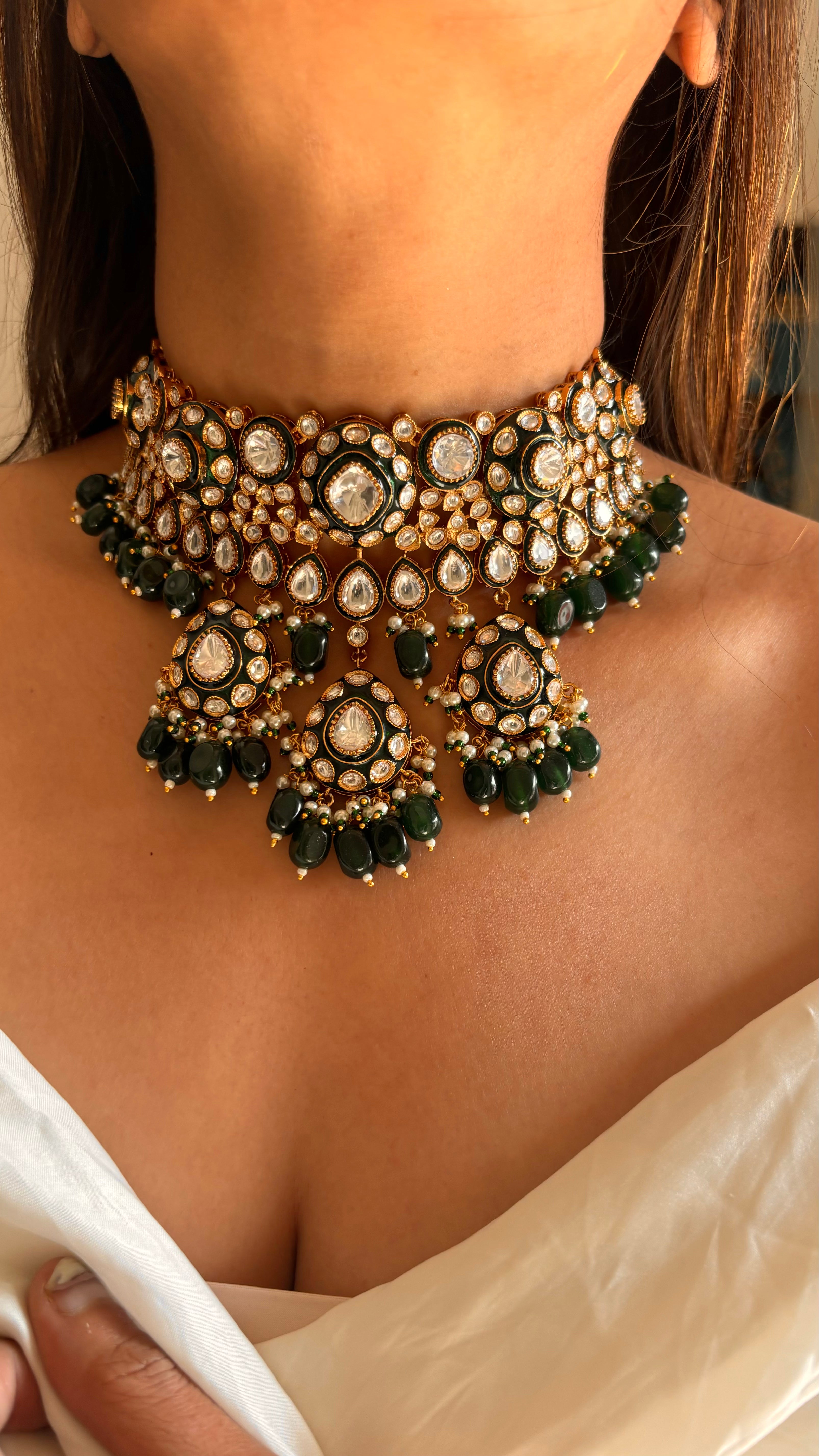 Emerald meenakari polki choker