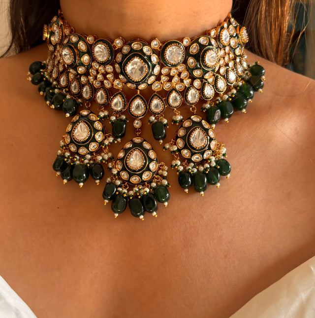 Emerald meenakari polki choker