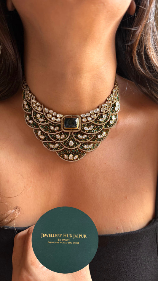 Sapphire doublet with emerald feathered designer Necklace