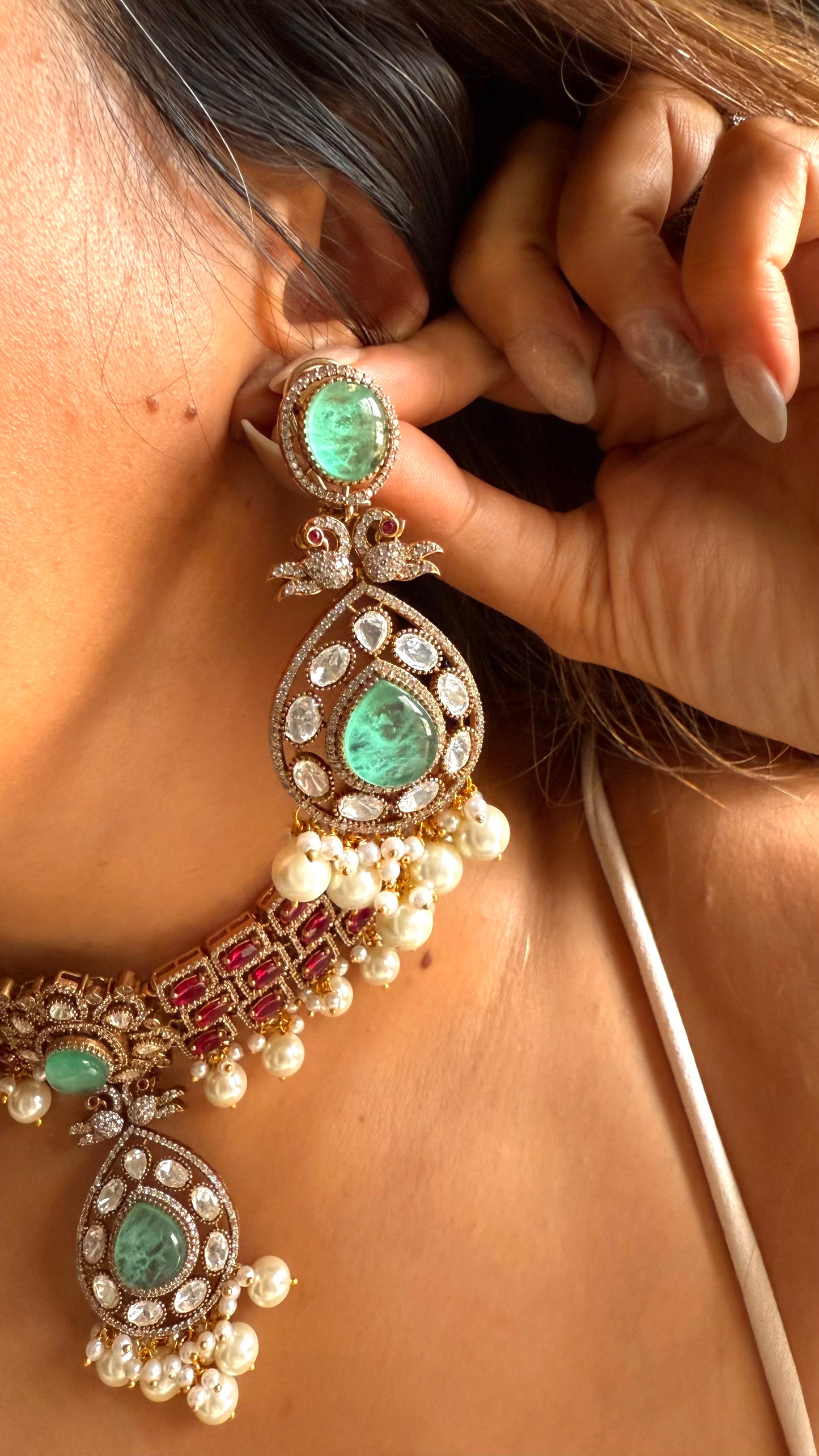 Kajol Mint doublet & rani pink moissanite with pearl drop choker