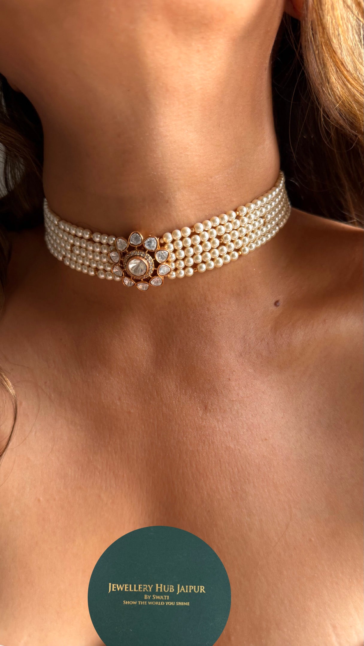 Real Moissanite floral polki pearl detailing choker necklace