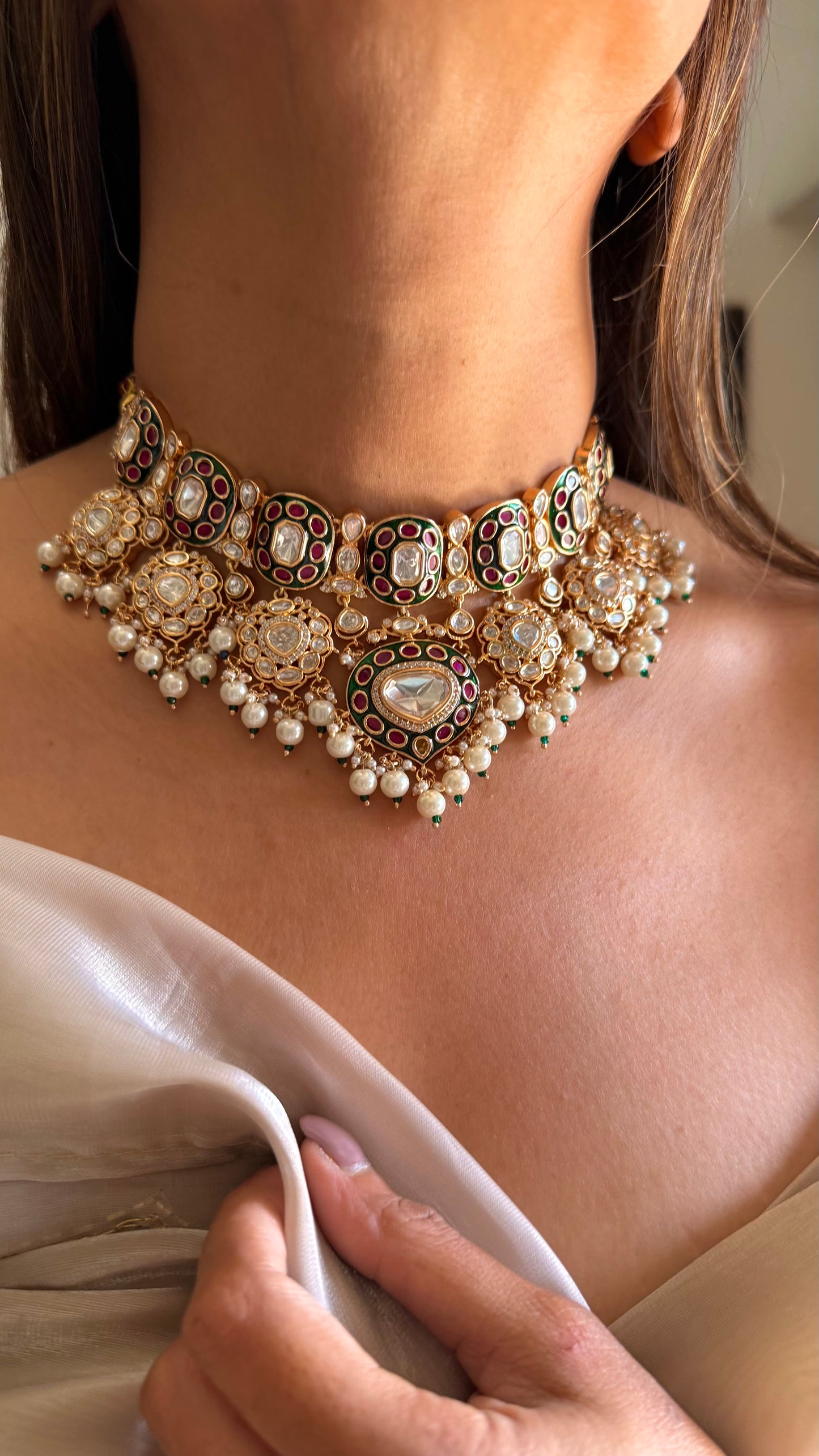 Megh Ruby & emerald moissanite polki choker necklace set with earrings