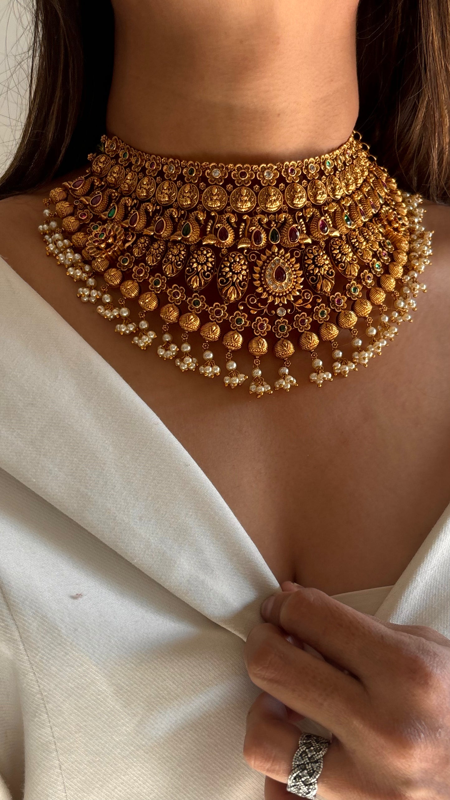 Rajwada nakashi emerald & ruby oxidised gold necklace