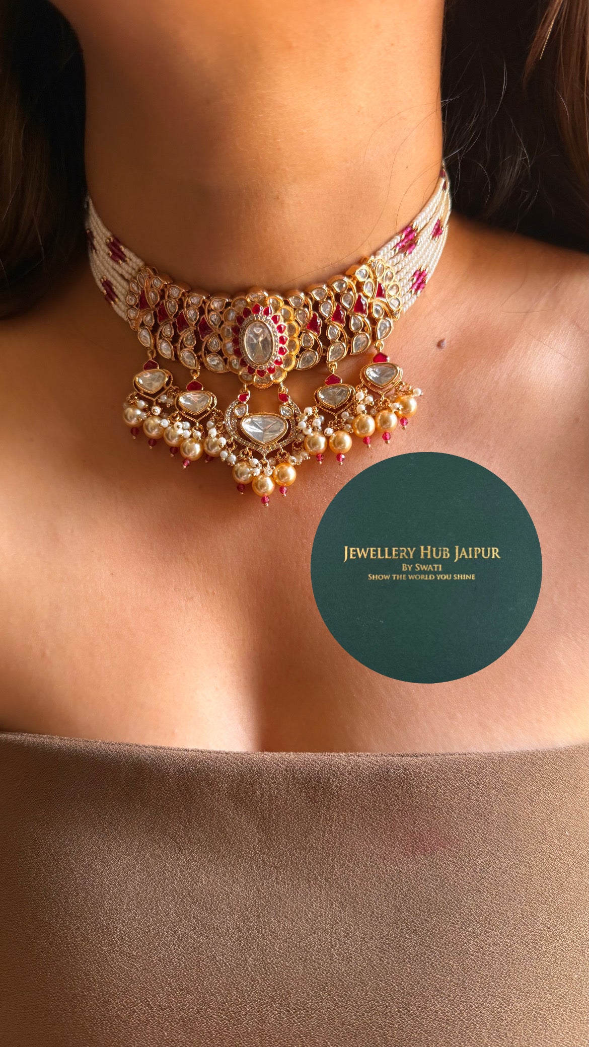 Heritage ruby moissanite with pearl drop choker set