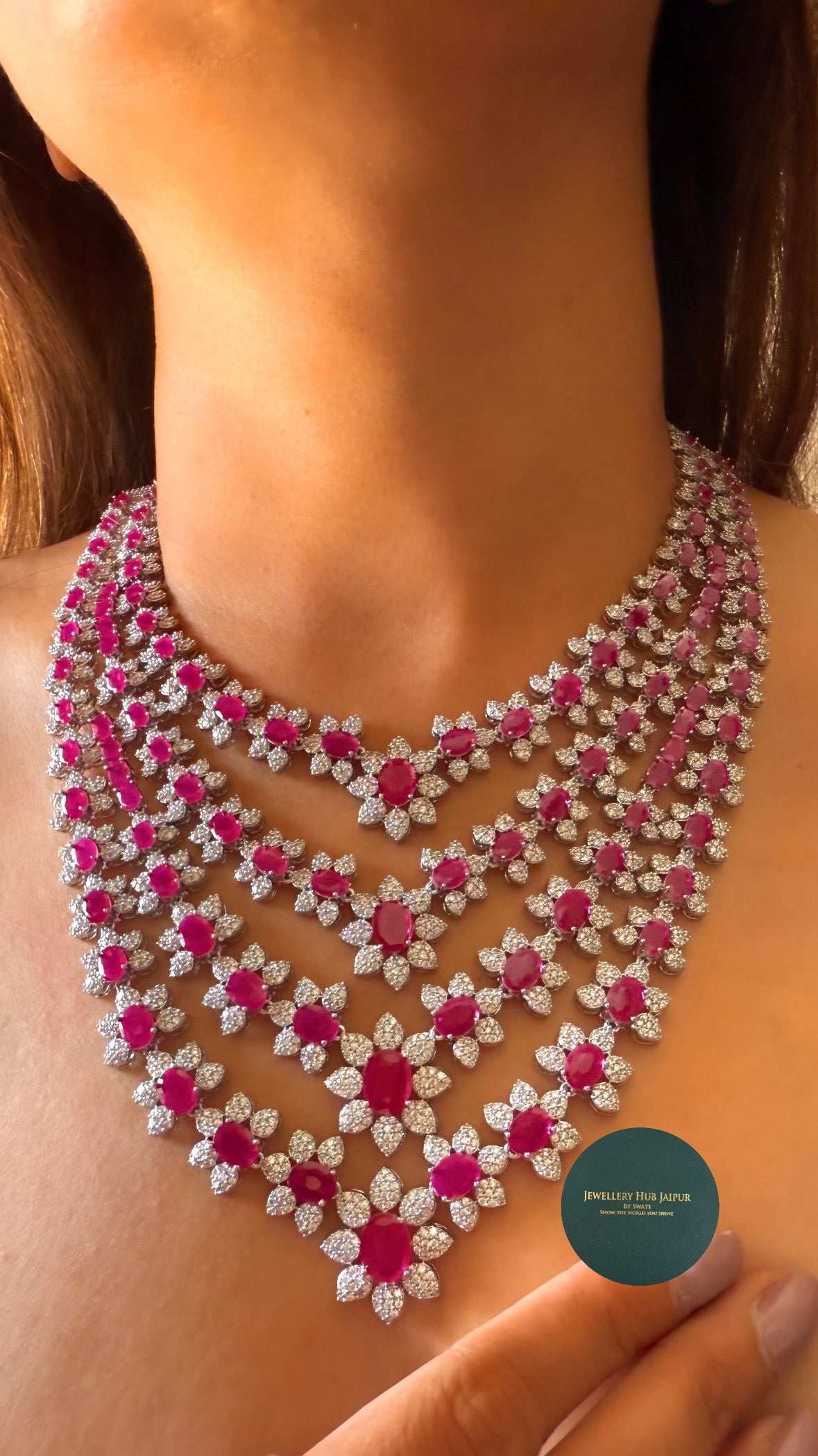 Veya Rani pink Cz diamond four layered necklace