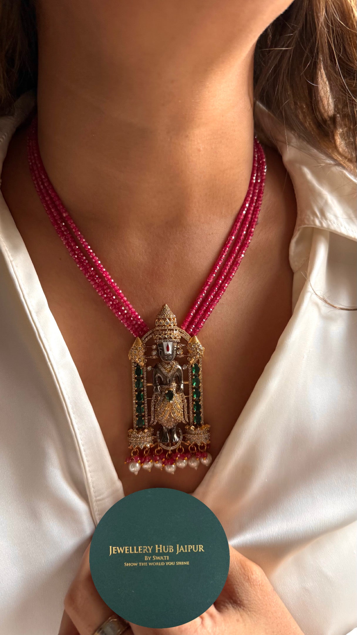 Lord venkateswara with rani pink pearl string pendant set