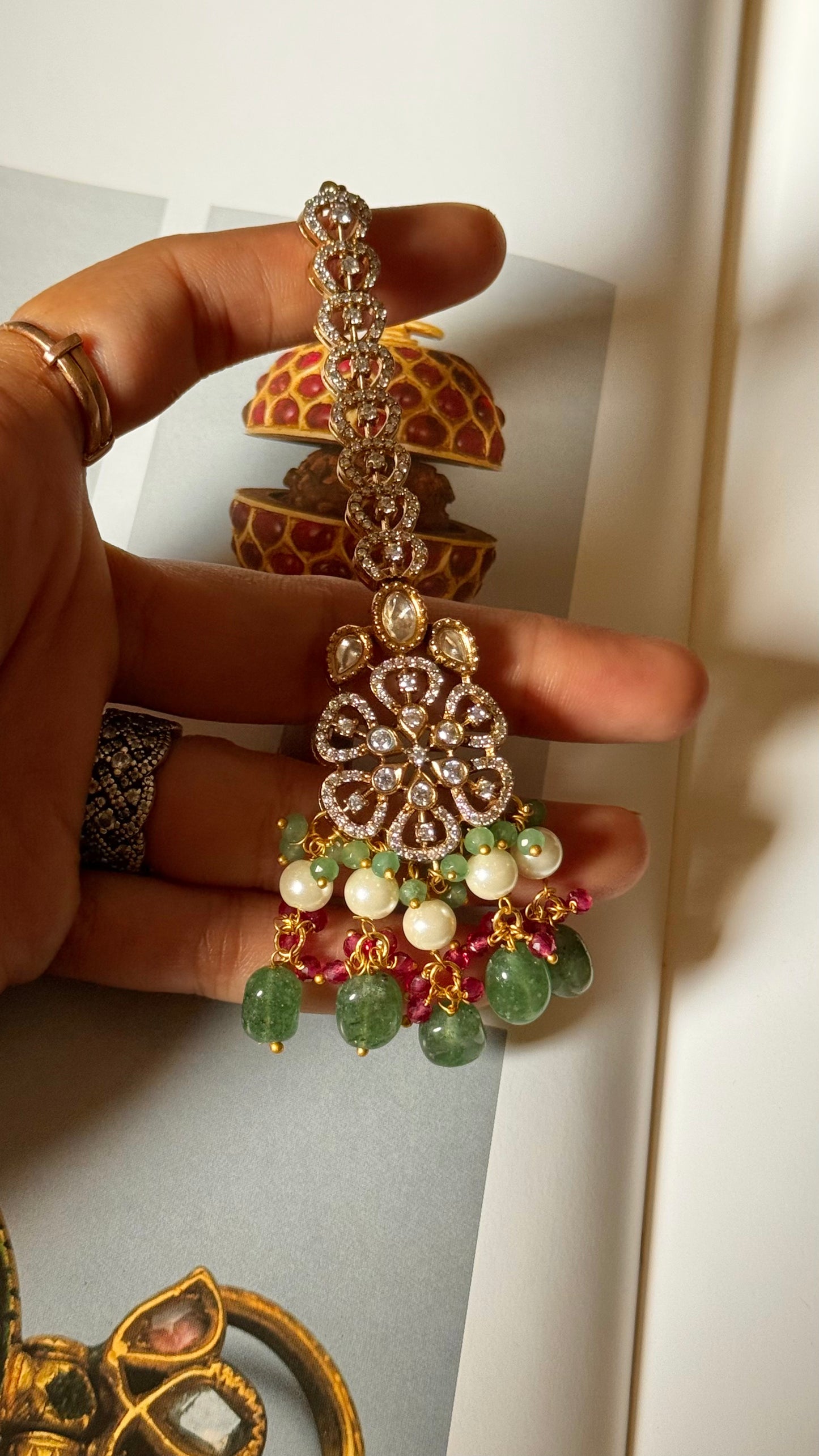 Floral victorian pearl and mint drop mangtika